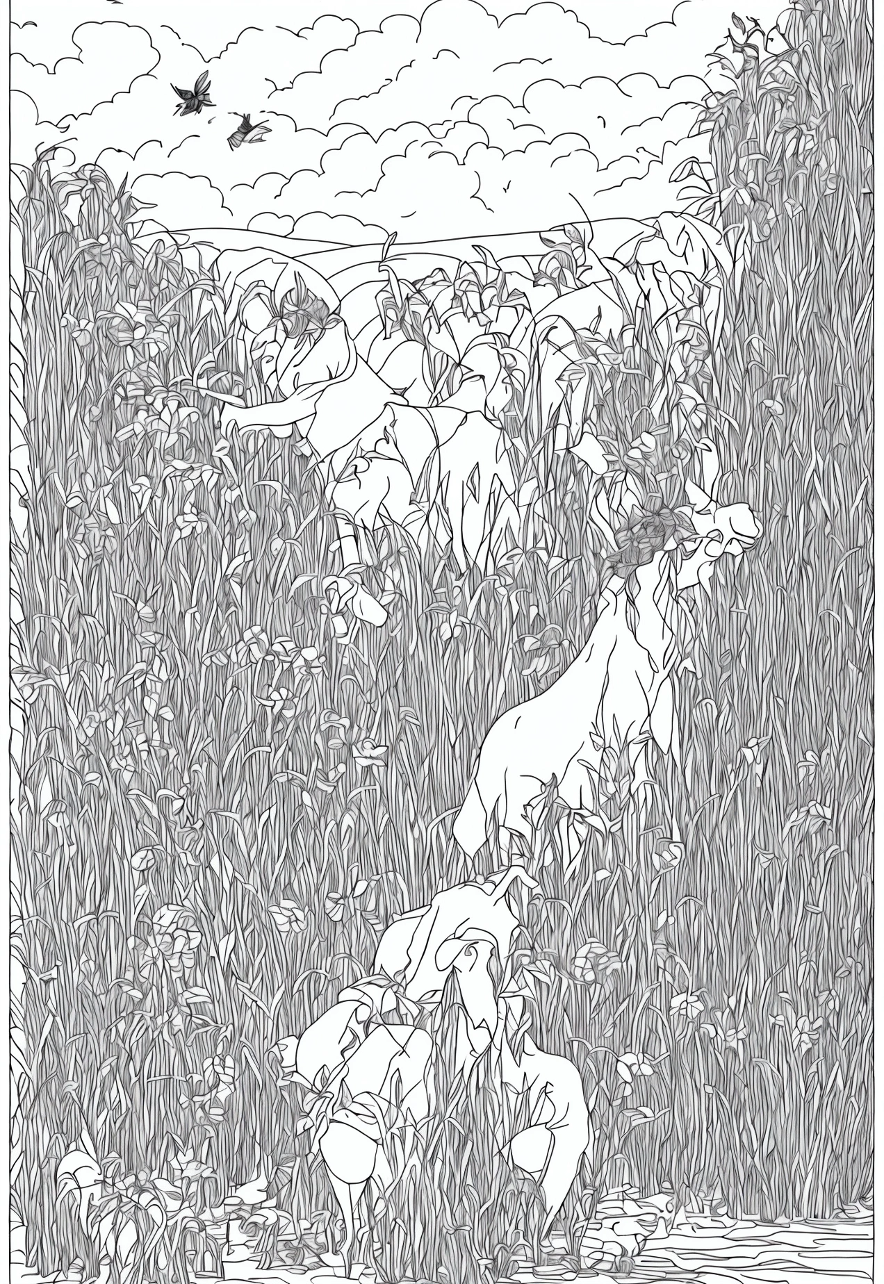 Book page coloring art, All-white background, Use only outlines, line art, coloring book, Clean line art, For coloring Simple and clean line art, coloring book page, With a brush of Alphonse Mucha, perfect detail, Description: A rural farm with fields of crops, a farmer plowing with oxen, and women working in the fields. There’s a scarecrow in the field and a small pond nearby.
Elements: Fields, oxen, farmers, scarecrow, pond, and tools like plows and sickles.
