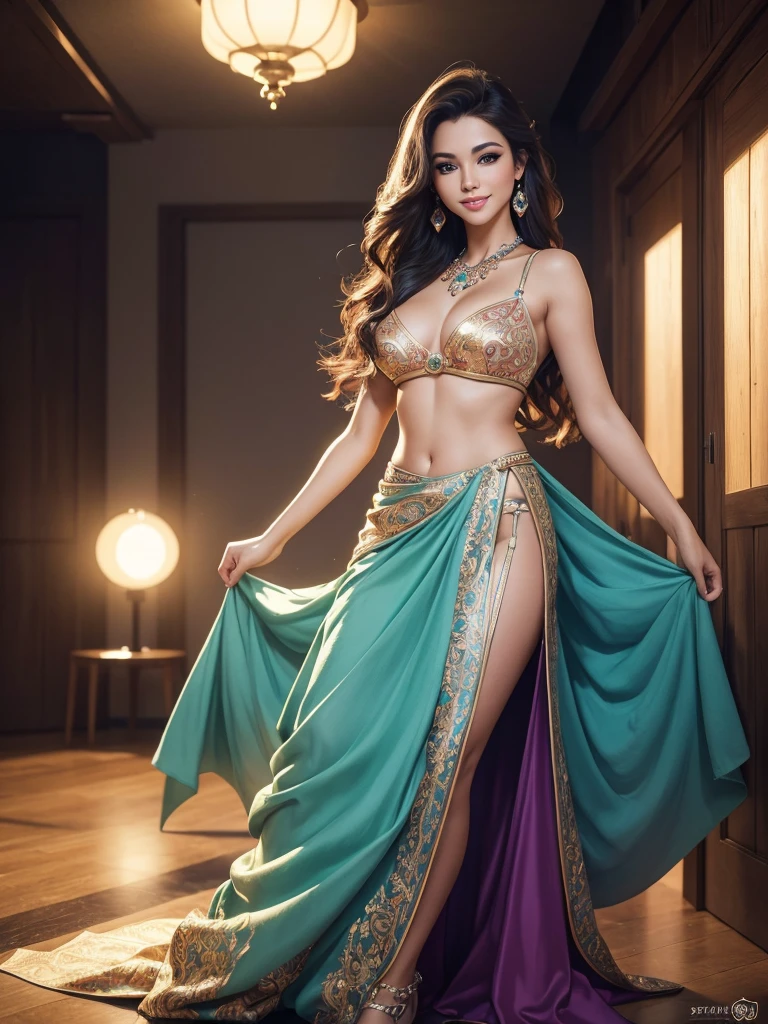 (best quality,ultra-detailed,photo-realistic:1.37),bright and vibrant colors,studio lighting,playful expression,stylish makeup, Long skirt with slit leg,hair flowing in the wind,alluring eyes,glossy lips,sexy pose, smiling in a confident and seductive way,posing for a professional photoshoot,shallow depth of field,highlighting the main subject,soft natural lighting,creating a dreamy and magical atmosphere.