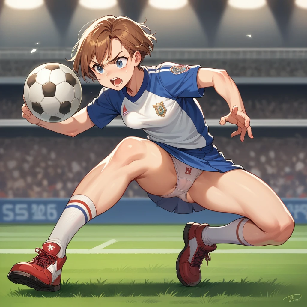 ((best quality)), ((masterpiece)), (detailed), young woman during soccer match, tackle, visible panties