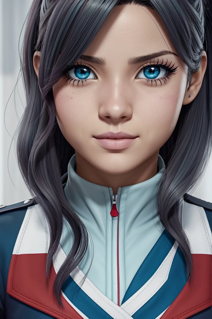 Captura de my hero academia ,chica,cabello largo ondulado,largo,ojos color turquesa,uniforme saco gris corbata roja,expresion del rostro feliz,labios color rosas,and long eyelashes