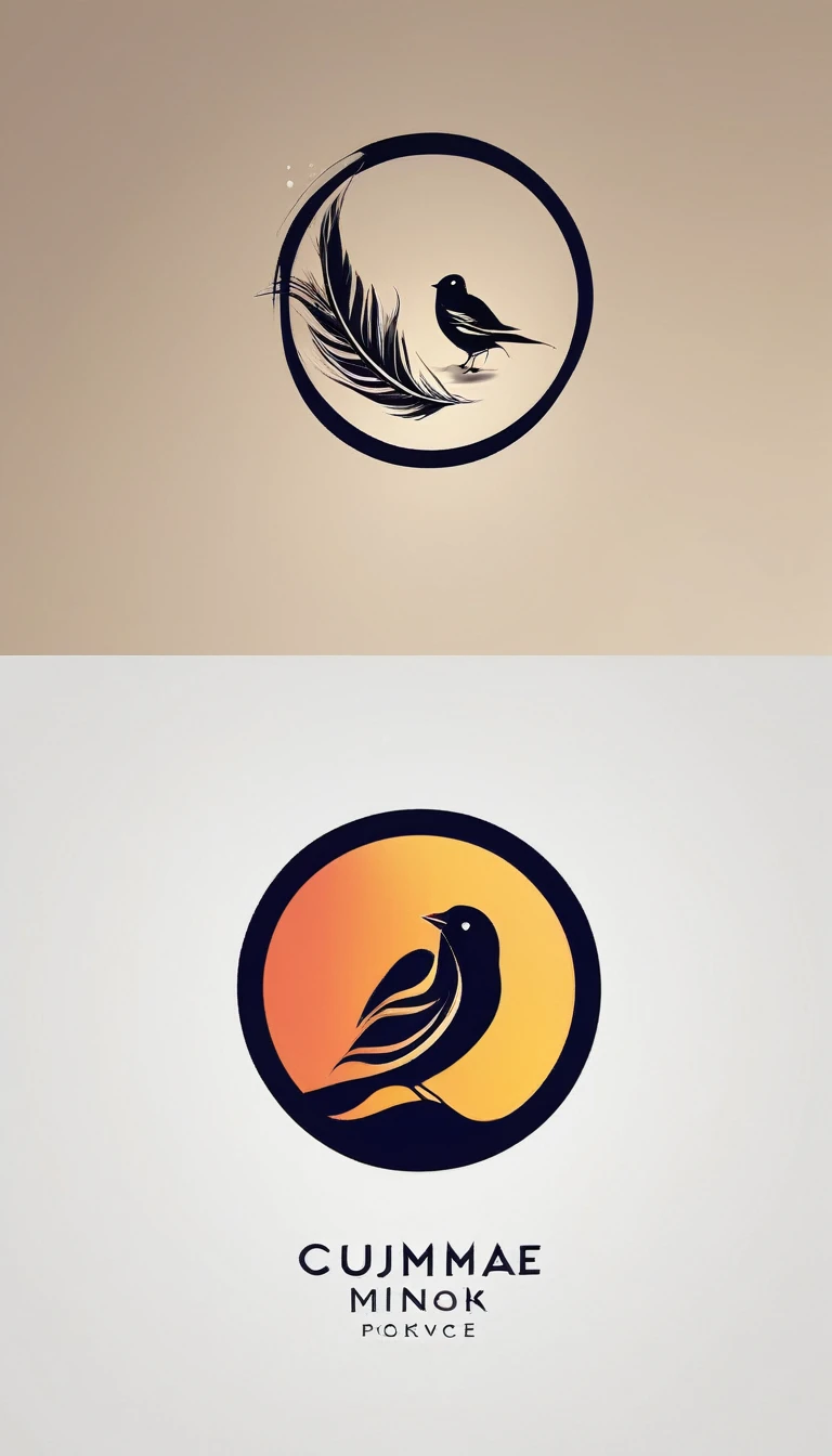 Create a cinematic, abstract symbol for a film production company based on stories and music. The logo should represent the companionship between a boy musician, A Storyteller Fantasy Bird and a Dreamy Feather. Minimalist symbol design