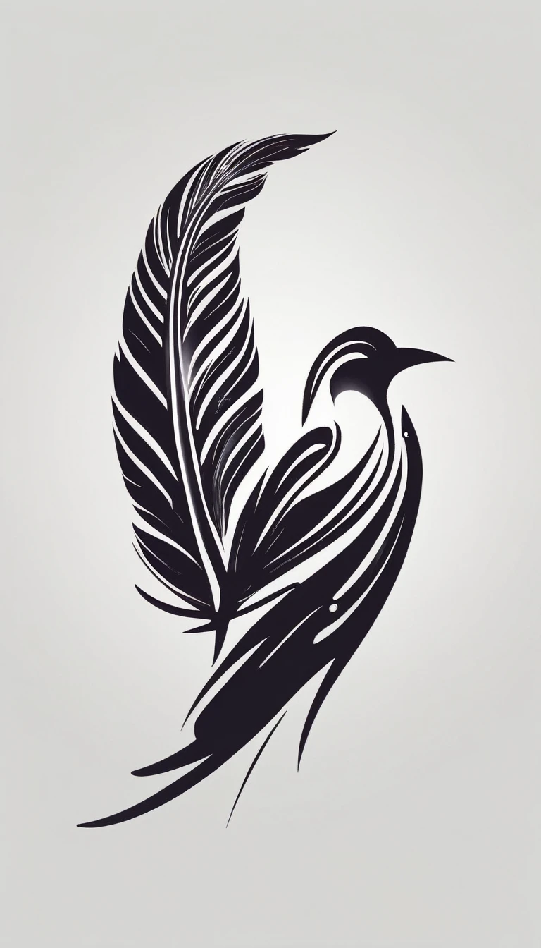 Create a cinematic, abstract symbol for a film production company based on stories and music. The logo should represent the companionship between a boy musician, A Storyteller Fantasy Bird and a Dreamy Feather. Minimalist symbol design