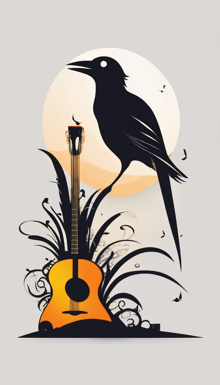 Create a modern, minimalistic logo design for a brand about music and movies called " Penamemoria" . The logo must be in minimalistic style and convey a sense of storytelling, music and dreams. The logo is the silhouette of a boy standing up, looking at the horizon and holding an acoustic guitar in the right hand and a fantasy bird in the left hand. Icon must be a unique, poetic, modern feather.