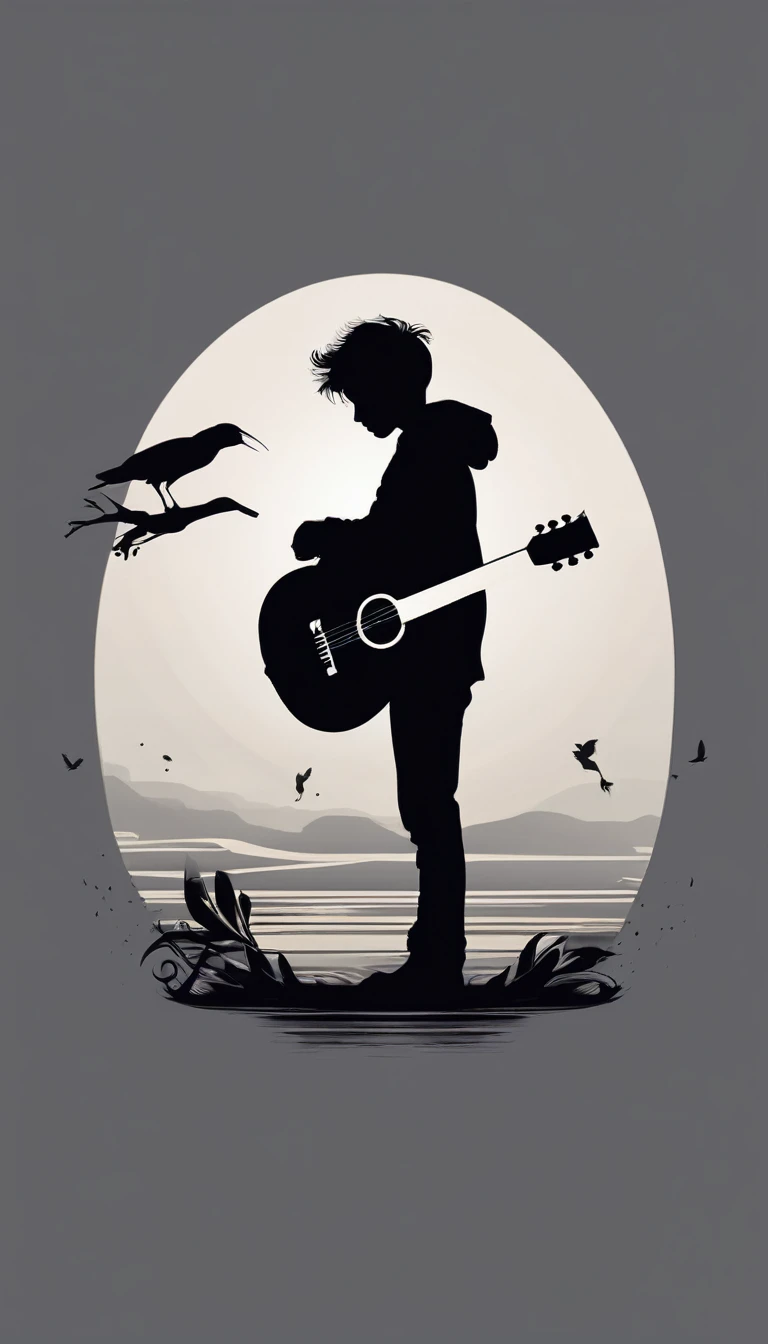 Create a modern, minimalistic logo design for a brand about music and movies called " Penamemoria" . The logo must be in minimalistic style and convey a sense of storytelling, music and dreams. The logo is the silhouette of a boy standing up, looking at the horizon and holding an acoustic guitar in the right hand and a fantasy bird in the left hand. Icon must be a unique, poetic, modern feather.