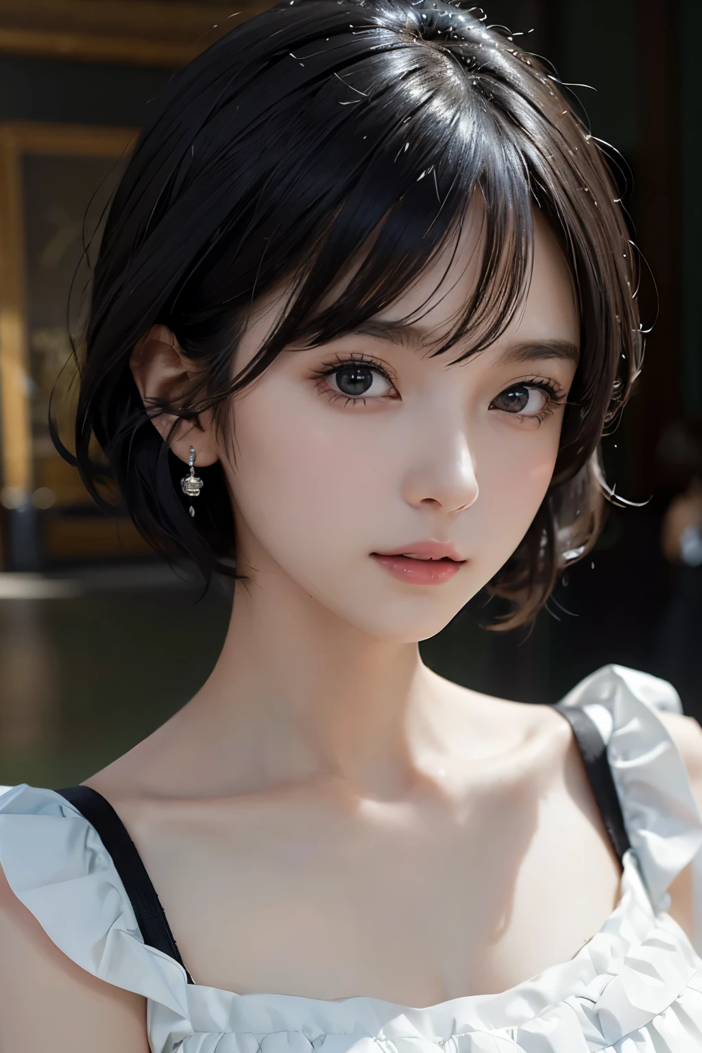 (((Black Short Hair))), (Louvre Museum), Seductive pose, Background is grassland、Image from chest up:1.6)、Close-up portrait of a woman wearing a white off-the-shoulder top dress and earrings, Soft portrait shot 8k, Nice delicate face, High-quality 4K portraits, High-quality portraits, Soft, perfect, pale skin, 8K Highly Detailed Face, なbeautiful繊細な顔, beautiful光の大きな目, Beautiful and realistic face, beautiful１４Old woman, Beautiful and realistic face, cute１４Old woman