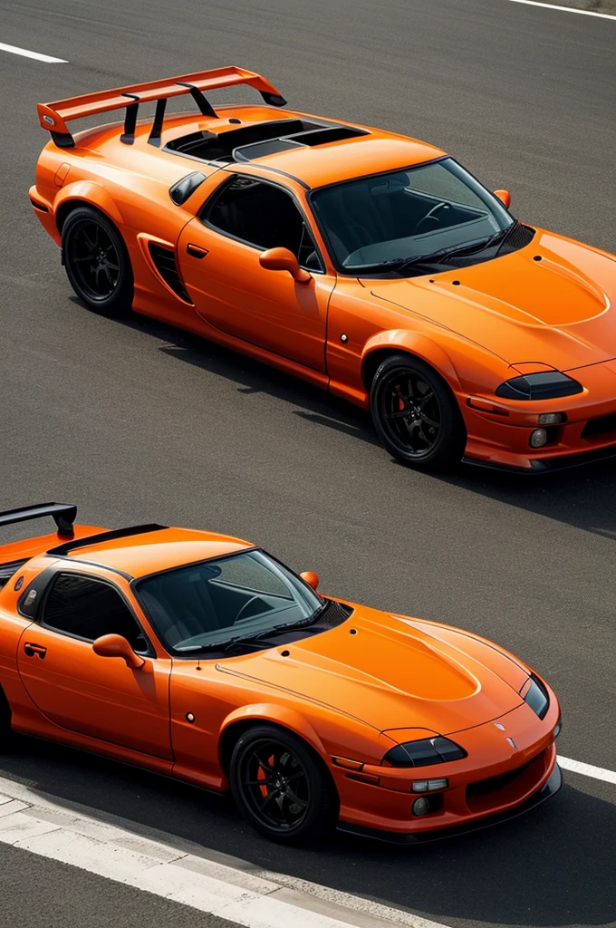Un mazda Rx7 de color negro con patrocinadores de color naranja y color secundario naranja en japon sin personas
