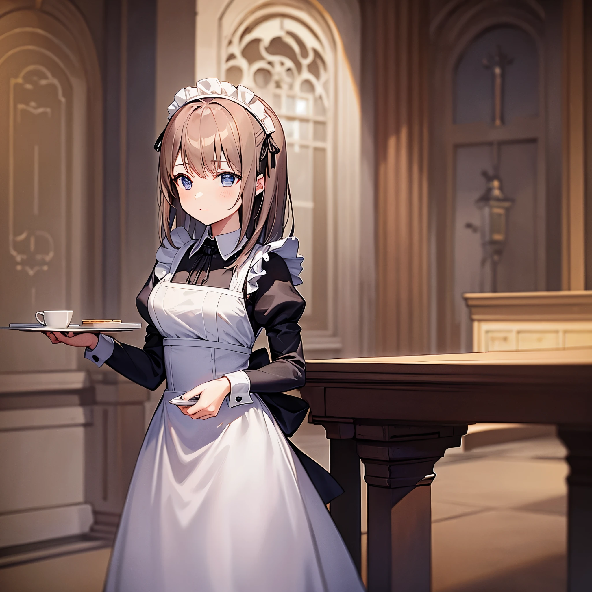 Young maid, medieval castle, inside, maid costume. standing while holding a tray