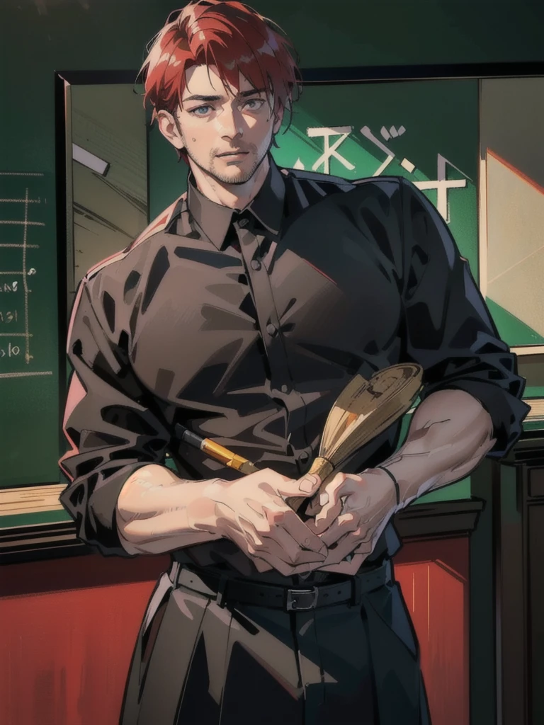 a 40 year old man (red short hair:1.0), grey eyes, moles all over the face, wearing an official uniform, masculinity, teacher, (best quality,4k,8k,highres,masterpiece:1.2),ultra-detailed,(realistic,photorealistic,photo-realistic:1.37),cinematic lighting,highly detailed face and body,sharp focus,vivid colors,anime style