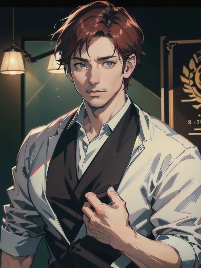 a 40 year old man (red short hair:1.0), grey eyes, moles all over the face, wearing an official uniform, masculinity, teacher, (best quality,4k,8k,highres,masterpiece:1.2),ultra-detailed,(realistic,photorealistic,photo-realistic:1.37),cinematic lighting,highly detailed face and body,sharp focus,vivid colors,anime style