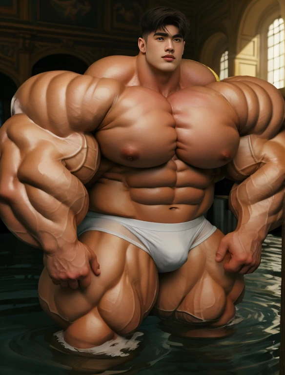 1boy, giant, model shoot style, staring, illuminating light, strong body, bulk, large size, in the flooded room with milk, nude, white triangular underwear, prominent bulge, big, brutalmass, giant, muscular body, bulk, massive body, large meaty body size 