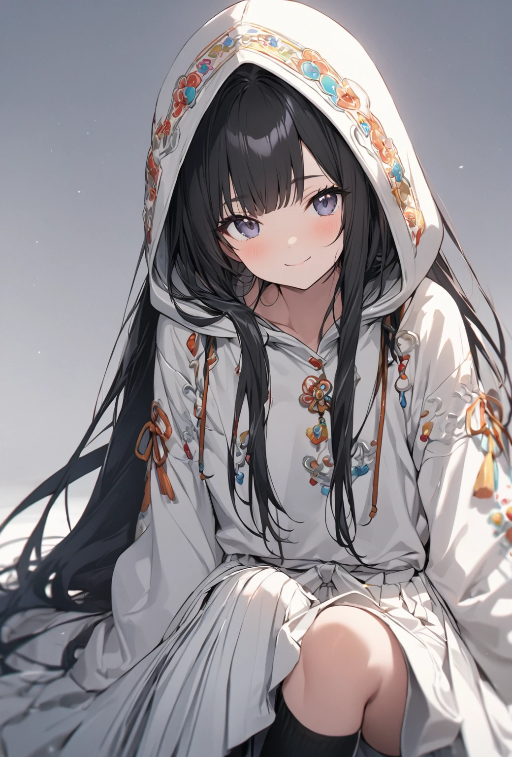 ((highest quality)), ((masterpiece)), ((Very detailed)), (Very cute),A gentle-looking woman with black hair and a smile, about 165cm tall，A woman with a cute smile wearing a hooded parka with some decoration on her long hair, alone, Cute attitude,(background(bright)，Long Hair - Straight，Knee-high socks、A heavily decorated white hakama with a hood，White wall、Sitting、Facing the viewer