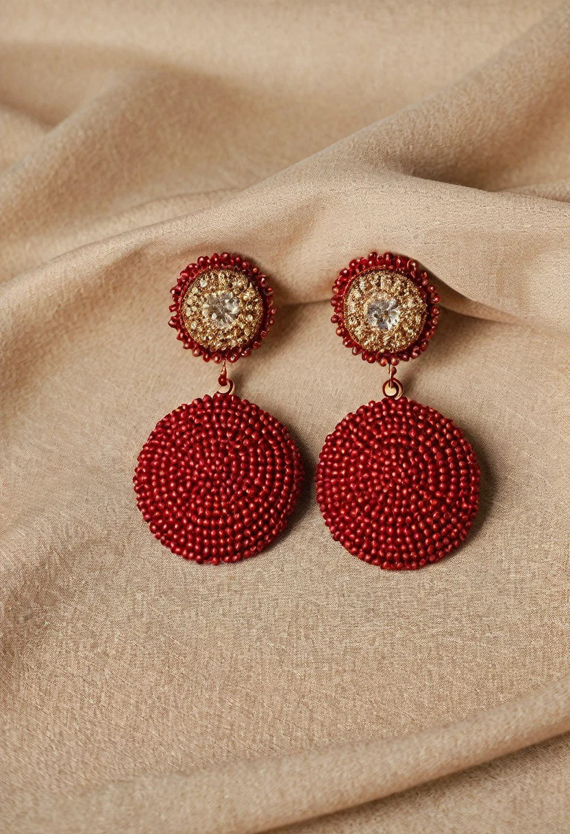 A large red earring lies on the table, on beige fabric. close-up photo.