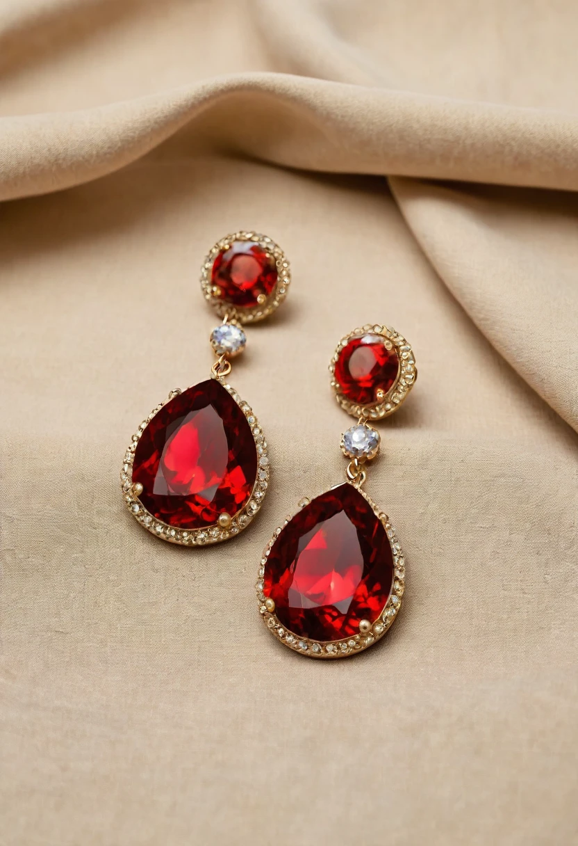 A large red earring lies on the table, on beige fabric. close-up photo.