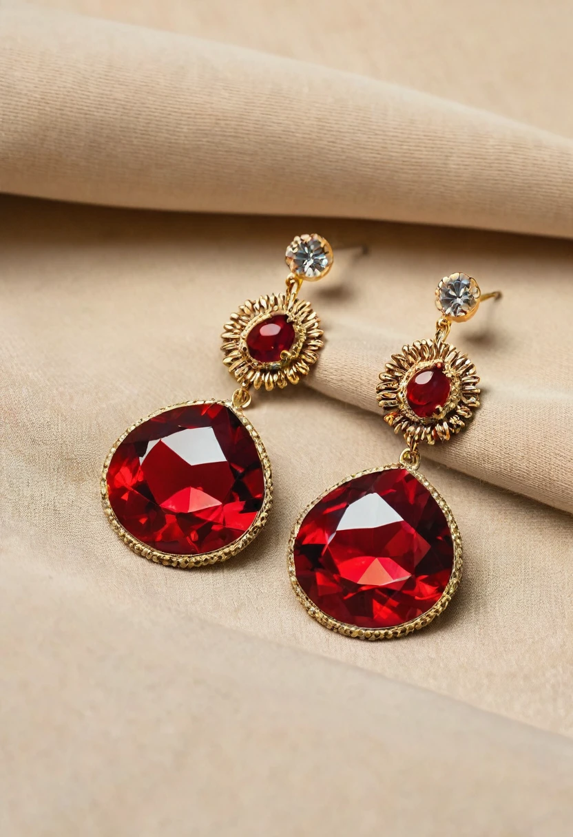 A large red earring lies on the table, on beige fabric. close-up photo.