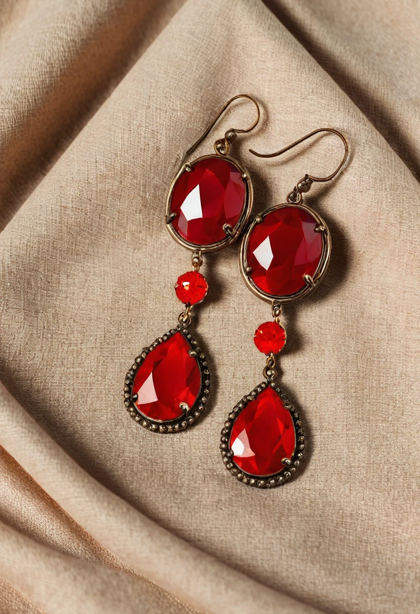 A large red earring lies on the table, on beige fabric. close-up photo.