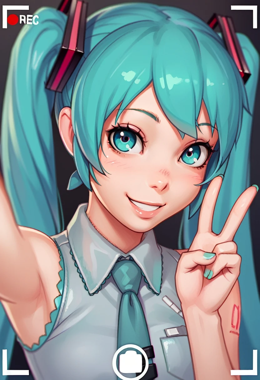 score_9, score_8_up, score_7_up, score_6_up, score_5_up, score_4_up, source_anime, BREAK hatsune_miku, solo, 1girl, smile, adorable face , cute, long eyelashes, elbow out of frame, one hand out of frame, necktie, selfie, closeup, recording, pov, v sign, upper_body