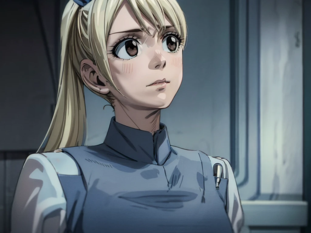 photorealistic, octane render, best quality, sharp focus, 8k, 4k, Masterpiece, Best Quality, realistic skin texture, extremely detailed, intricate, hyper detailed, illustration, soft lighting, high resolution, sharp detail, lucyheartfilia, blue shirt, side ponytail, hair ribbon, blonde hair, brown eyes, imperial officer uniform, rank badge, white imperialofficer uniform