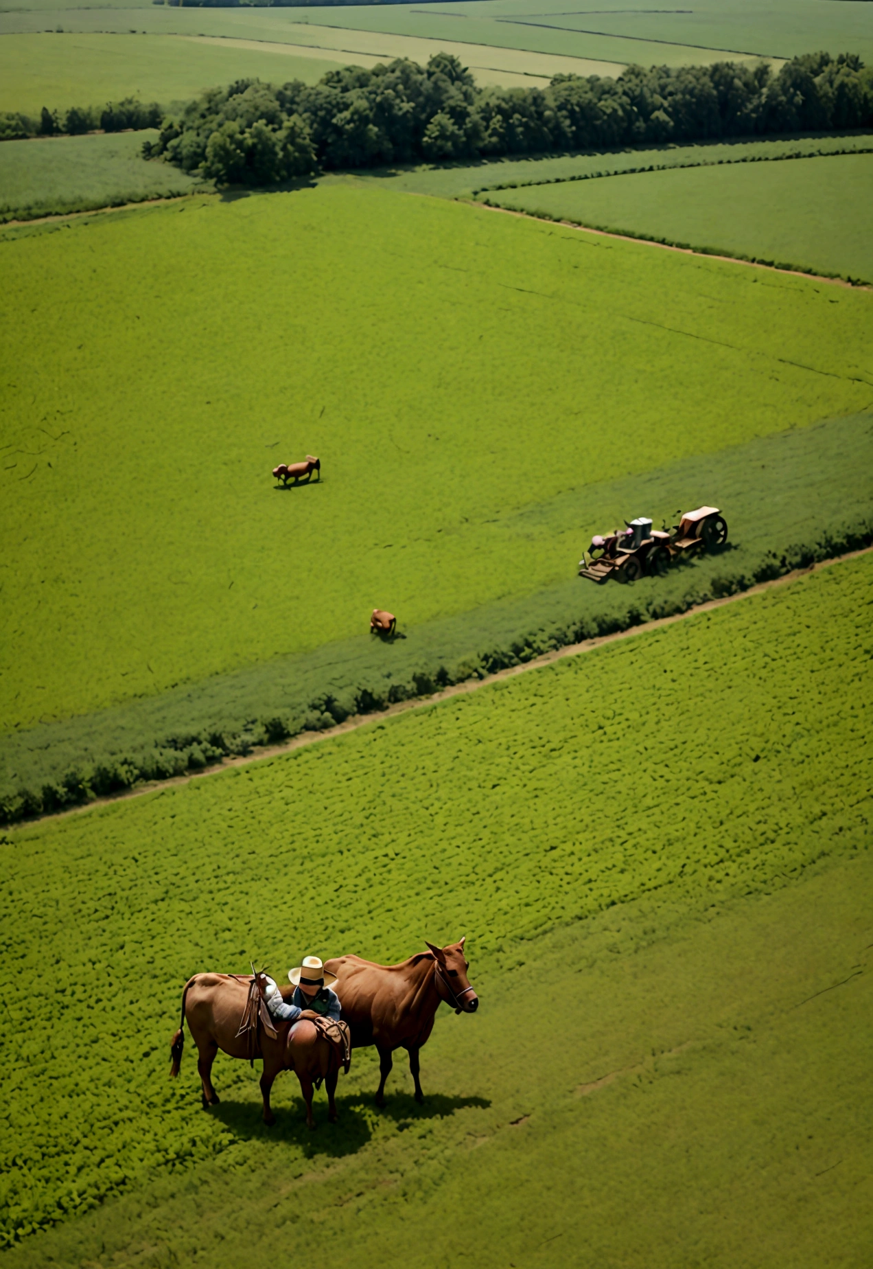 Description: A rural farm with fields of crops, a farmer plowing with oxen, and women working in the fields. There’s a scarecrow in the field and a small pond nearby.
Elements: Fields, oxen, farmers, scarecrow, pond, and tools like plows and sickles.