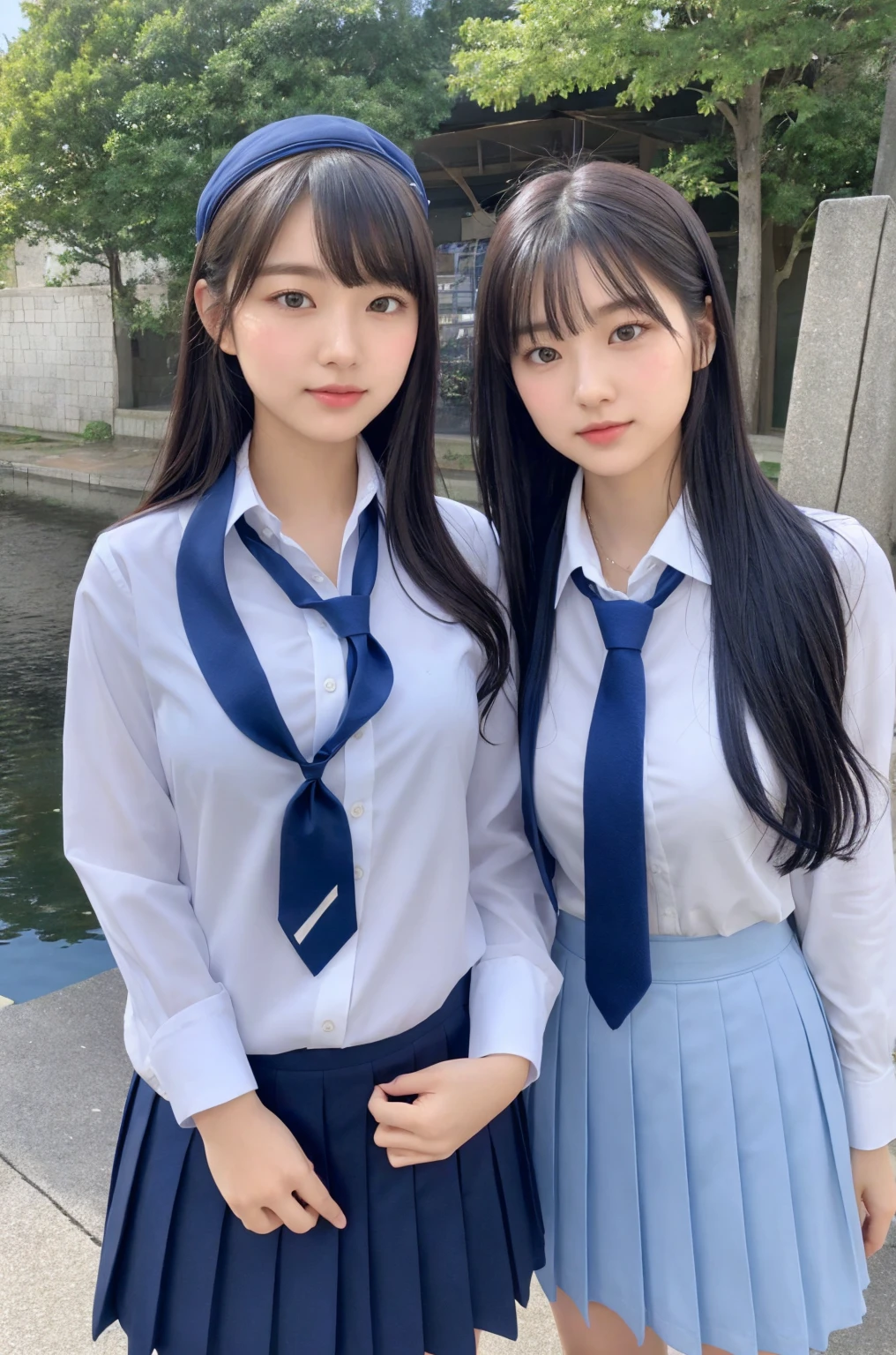 japanaese girl、、perfect body type、Transparency、Transcendent big breasts、School Uniforms、Navy blue tie、Navy blue skirt、Light blue shirt、hposing Gravure Idol、waterside、Fancy makeup