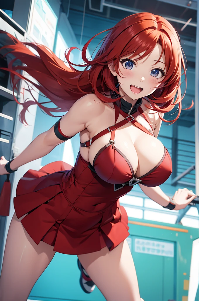 red haired anime girl happy bouncing breasts 