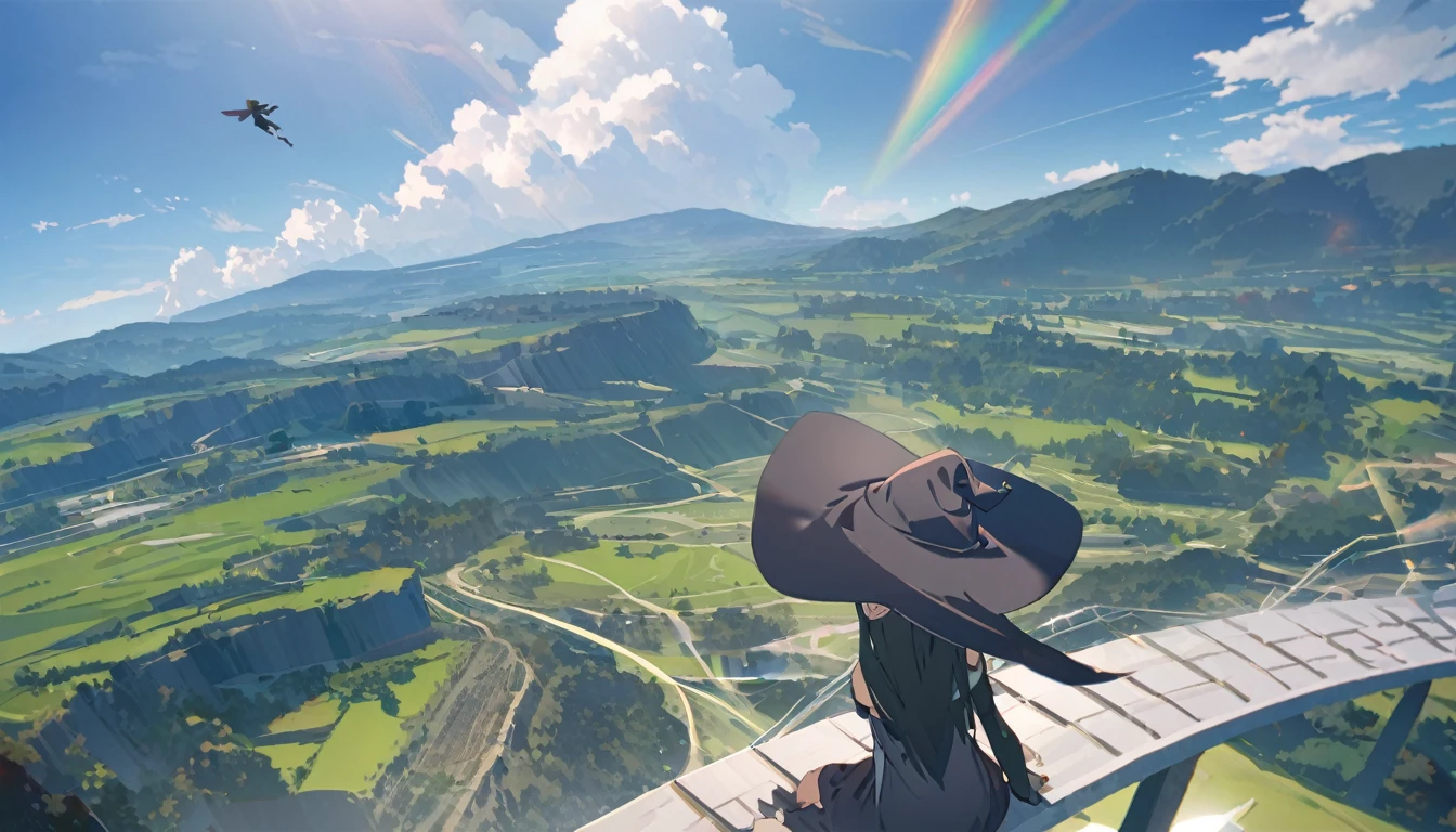 Ray Tracing, Everyone Makoto, One girl, Witch Hat, dress, clean, In the sky, flight, landscape, Sit down to clean,, masterpiece, highest quality, New,