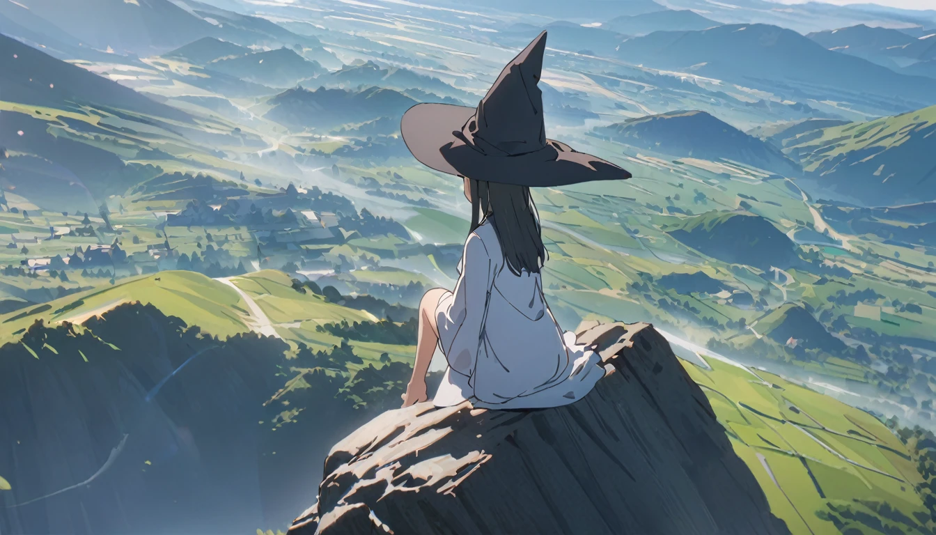 Ray Tracing, Everyone Makoto, One girl, Witch Hat, dress, clean, In the sky, flight, landscape, Sit down to clean,, masterpiece, highest quality, New,