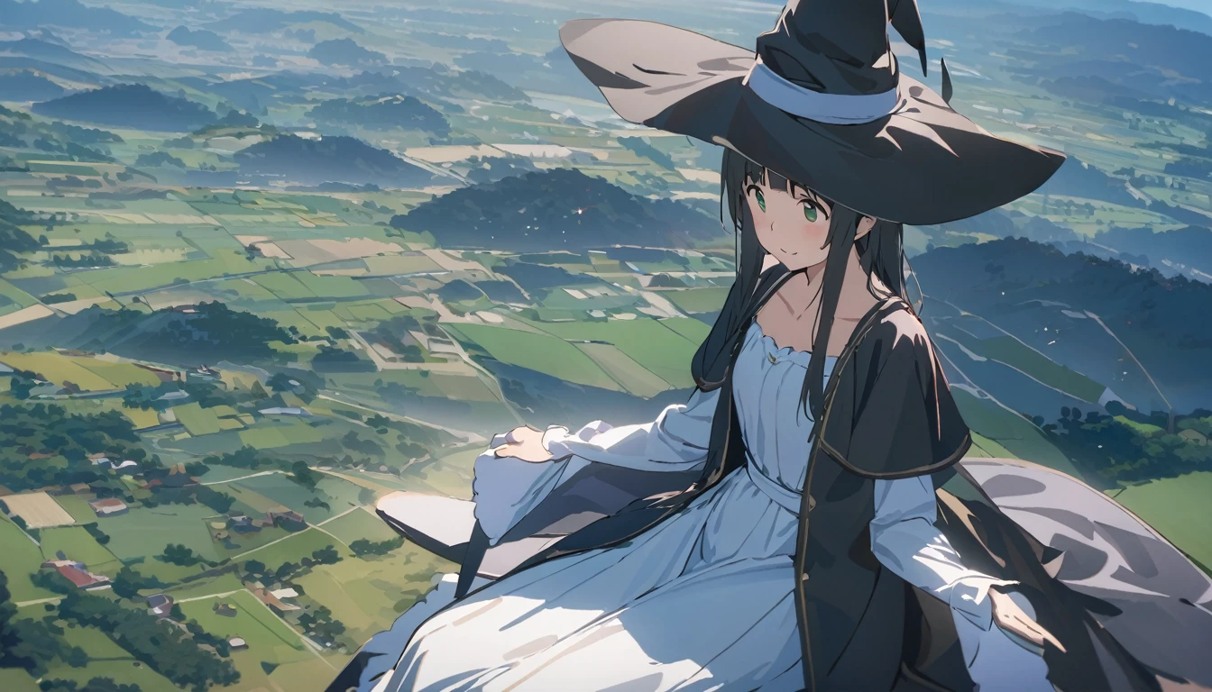 Ray Tracing, Everyone Makoto, One girl, Witch Hat, dress, clean, In the sky, flight, landscape, Sit down to clean,, masterpiece, highest quality, New,