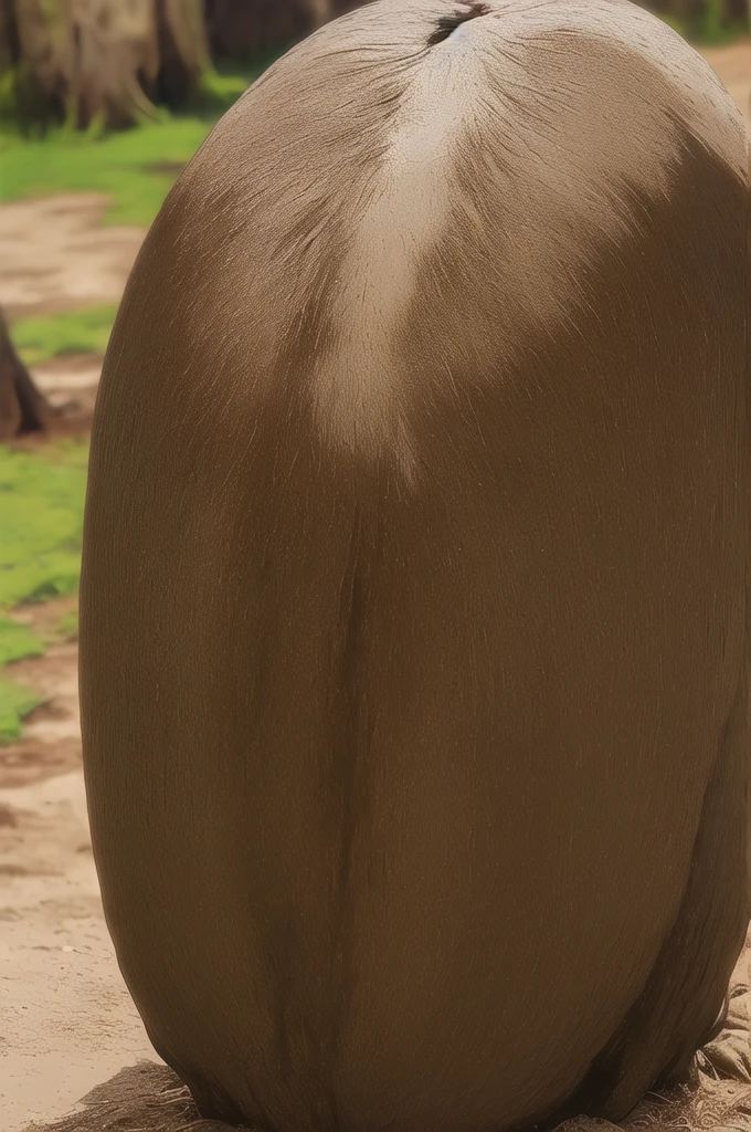 full side view of a big fat Clydesdale horse  mare with a massive bum and a very short tail. horse facing horizon . BBW very full figured very dark skinned BBW nude African woman riding horse. flat grass meadow. looking to horizon . a  single huge  pile of steaming horse dung on the ground behind horse.   cloudless blue sky. 