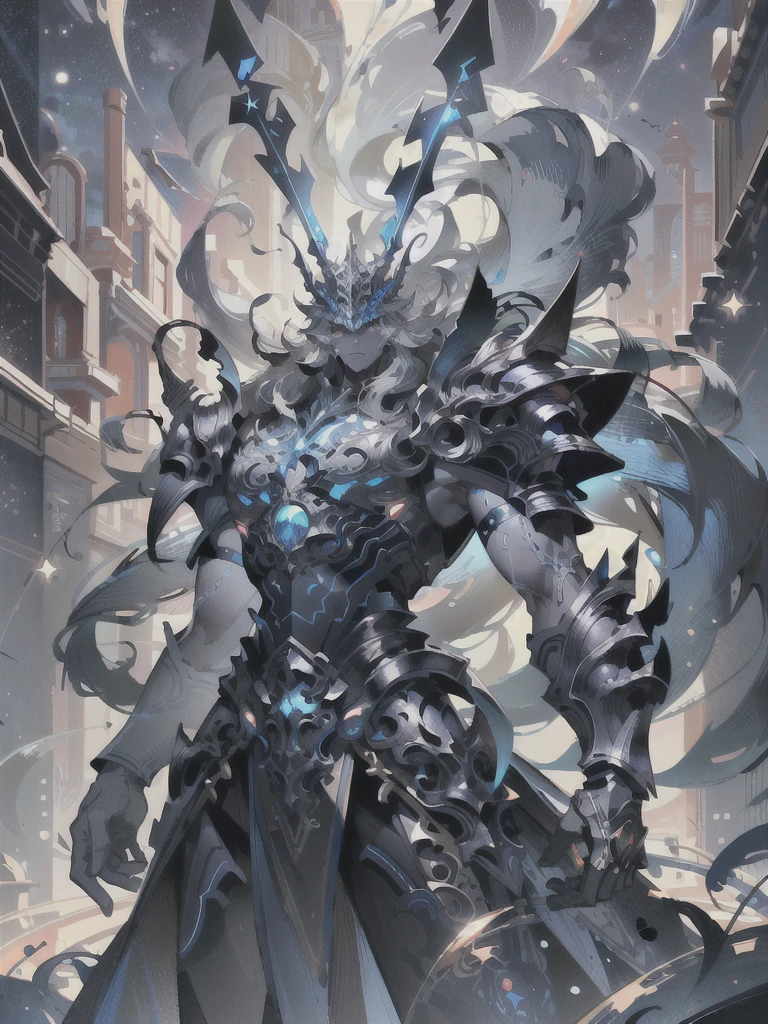 8K resolution, Highly detailed, Digital Painting, Concept art, of the highest quality, Best quality, One, beautiful, 1 man, with a sporty body, V-shaped body, glowing silver detailed armor with glowing blue details, black detailed helmet/crown, floating hair, long hair, white hair, glowing white eyes, blue threads, silver light, against the background of stars and galaxies
((best quality)),((masterpiece)),((highres)),((detailed)), original, extremely detailed 8K wallpaper,intricate details, hyperdetailed, hyper quality, high detail, ultra detailed,perfect lighting,, anime,comic,game CG,