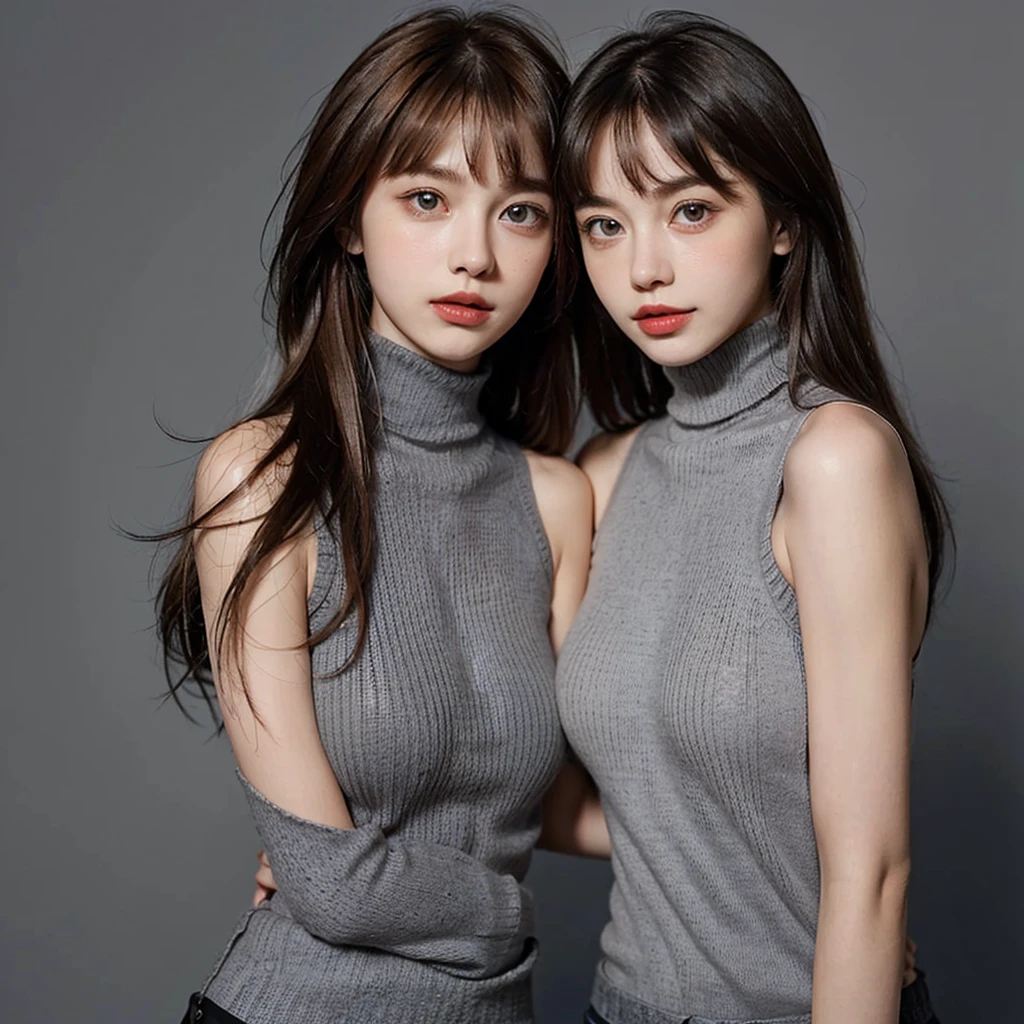 Masterpiece, Best Quality, (Realistic, Super Real, Super Reality:1.5), (Photography), 1girl, (Neat and Innocent Character, Gentle Atmosphere:1.2), ((ginger scotish Color Hair, Straight Long Moist hair:1.2)), (Smile:0.8), (Tender eyes), (blunt bangs, Long Hair:1.2), Looking at Viewer, Cowboy Shot, Cinemagraph, BREAK (Perfect beauty, Very Porcelain Skin, Very Fair Skin, Fine and Beautiful Skin, Super Smart, Faces with random and very beautiful details, (Symmetrical beautiful face, symmetrical beautiful eyes, Red Color Eyes, Fine Eyes Detail, Fine face:1.3), (Large eyes, Hyper Detail Eyes, Very Clear Eyes:1.2), Both eyes are synchronized, Focused Gaze, on focus, Look at us, (Thin Lips:1.2), Crimson Red Color Lipstick, Beautiful Face, Nasal stripes are well defined), Brake ((Gray Color Very Tight Sleeveless Turtleneck Knit:1.5), (Beige Color, Cotton, Skirt:1.2)), (Black Wide Choker), ((White Color Simple Gradation Background:1.3)), Flat Lighting, (Large Breasts, Well-Shaped Breasts:1.4), BREAK (7 Head-toll, Model Figure, Thin Neck, Thin shoulder, sloped shoulder, (narrow shoulders, thin upper chest, Thin under the chest, thin waist), Thin Arms, Thin Legs:1.2),