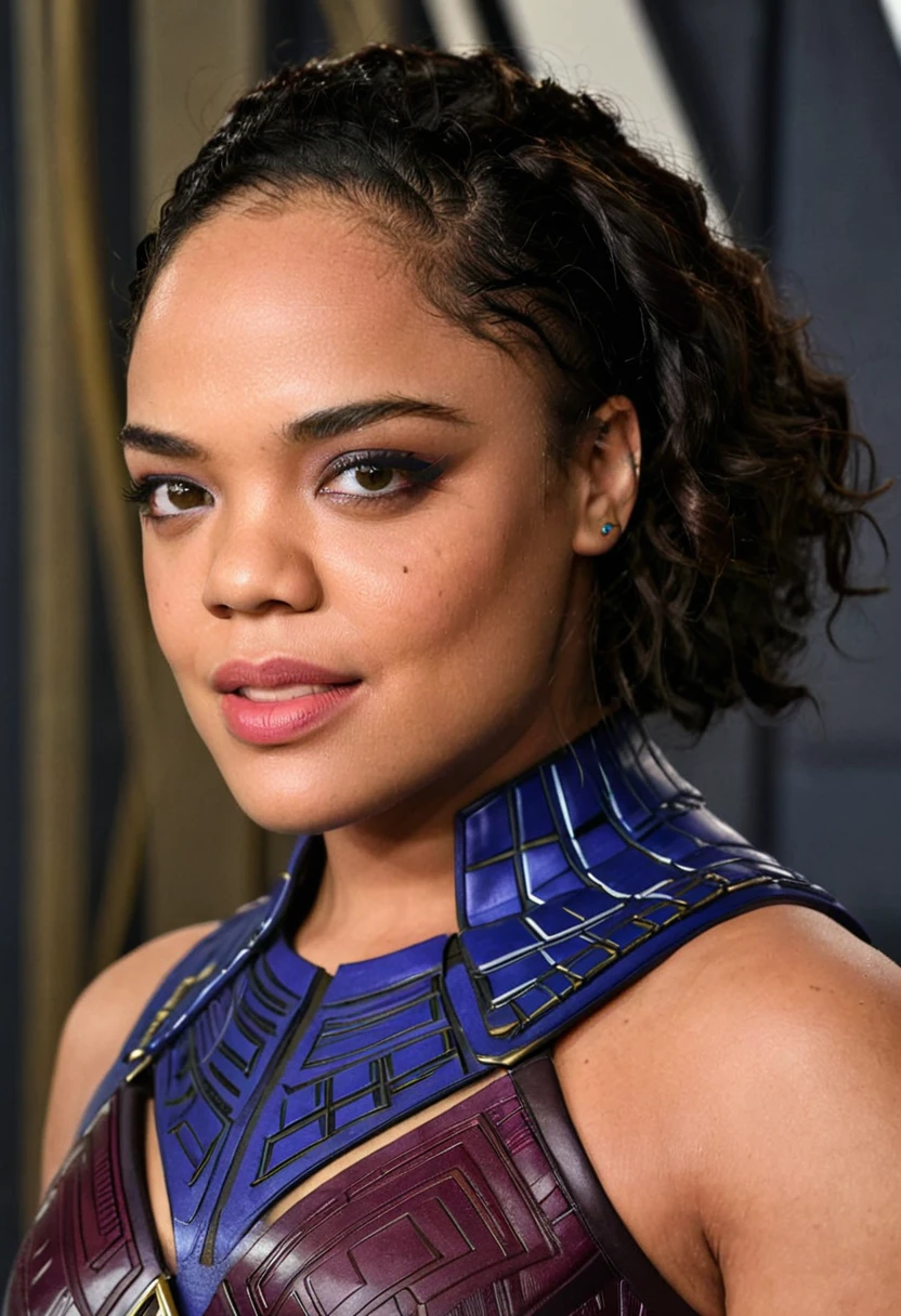 Extremely gorgeous woman Tessa Thompson AS A WAKANDAN WARRIOR, DETAILS, GOOD SKIN, highly detailed, skin pores, sharp focus, amazing details, 