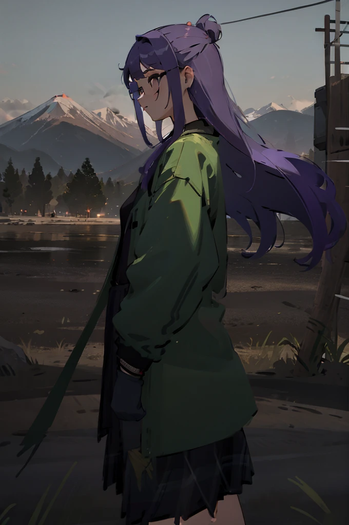 1girl, solo, purple hair, green jacket, black skirt, mountain in background, wearing glasses, perfection, beautiful, masterpiece, sword, side view