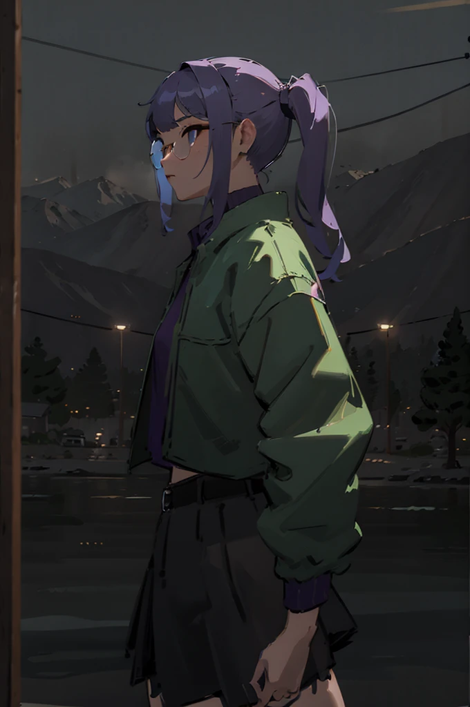 1girl, solo, purple hair, green jacket, black skirt, mountain in background, wearing glasses, perfection, beautiful, masterpiece, sword, side view
