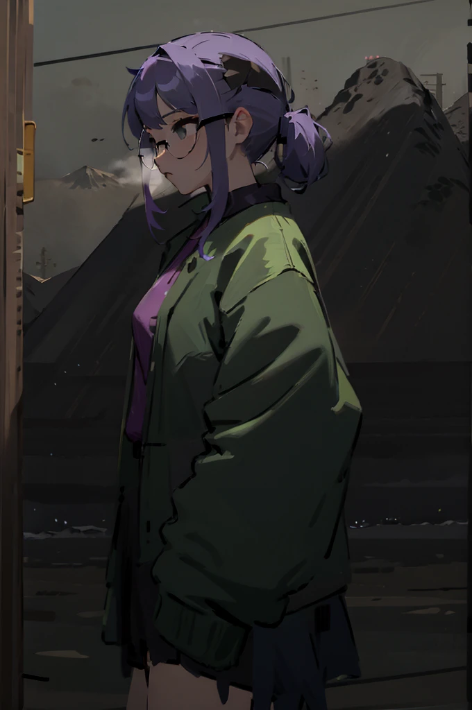 1girl, solo, purple hair, green jacket, black skirt, mountain in background, wearing glasses, perfection, beautiful, masterpiece, sword, side view