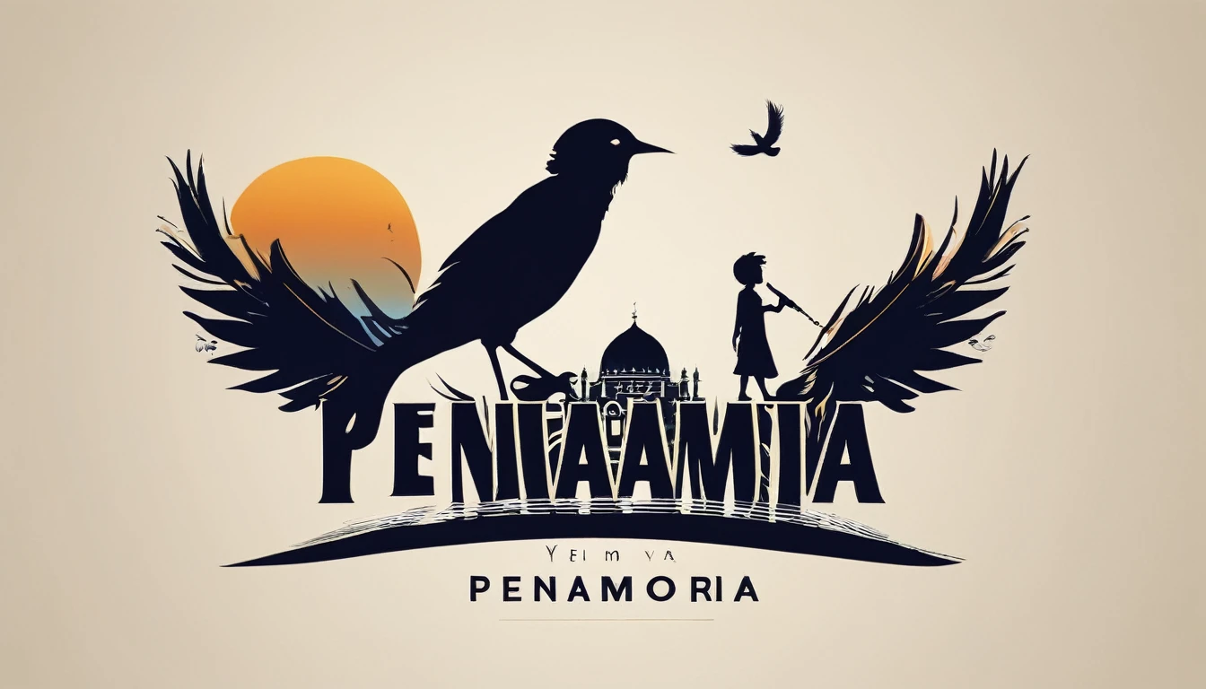 Create a modern, minimalistic logo design for a brand about music and movies called " Penamemoria" . The logo must be in minimalistic style and convey a sense of storytelling, music and dreams. The logo is the silhouette of a boy standing up, looking at the horizon and holding an acoustic guitar in the right hand and a fantasy bird in the left hand. Icon must be a unique, poetic, modern feather.