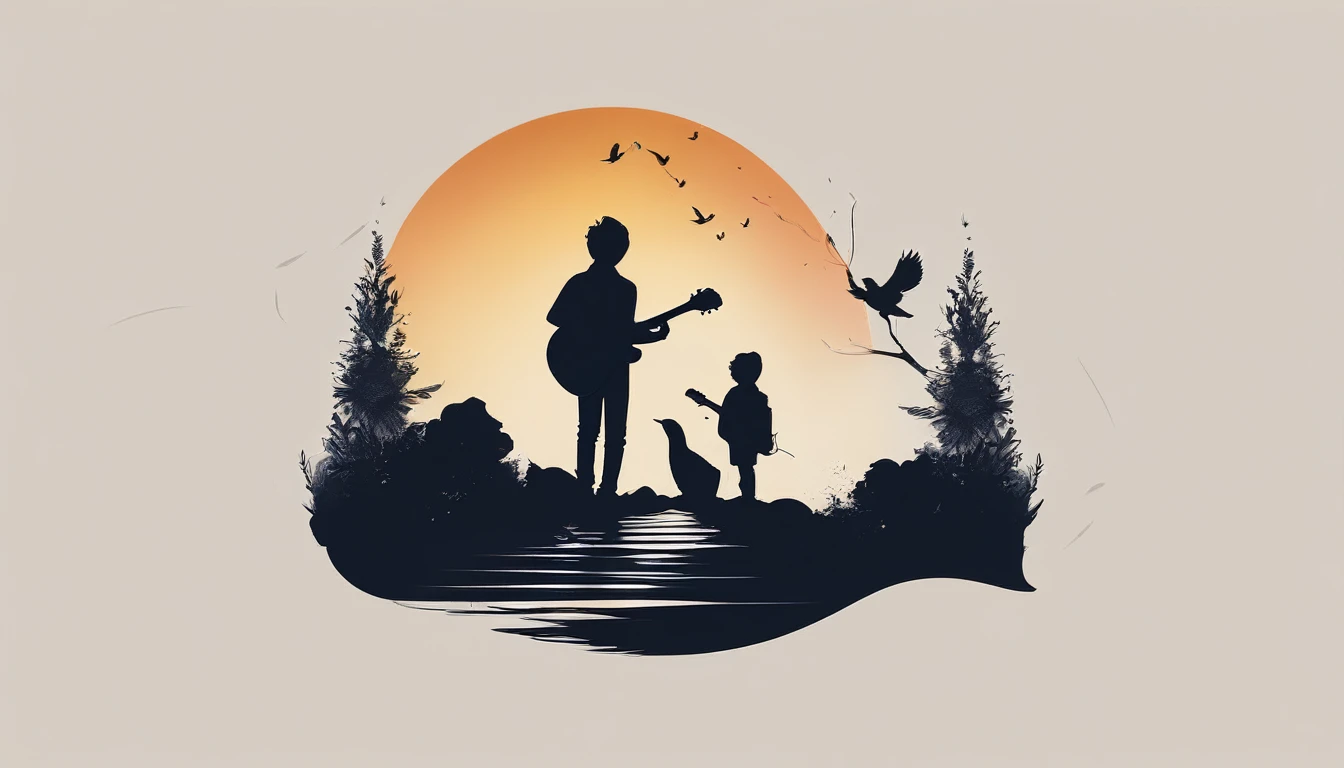 Create a modern, minimalistic logo design for a brand about music and movies called " Penamemoria" . The logo must be in minimalistic style and convey a sense of storytelling, music and dreams. The logo is the silhouette of a boy standing up, looking at the horizon and holding an acoustic guitar in the right hand and a fantasy bird in the left hand. Icon must be a unique, poetic, modern feather.