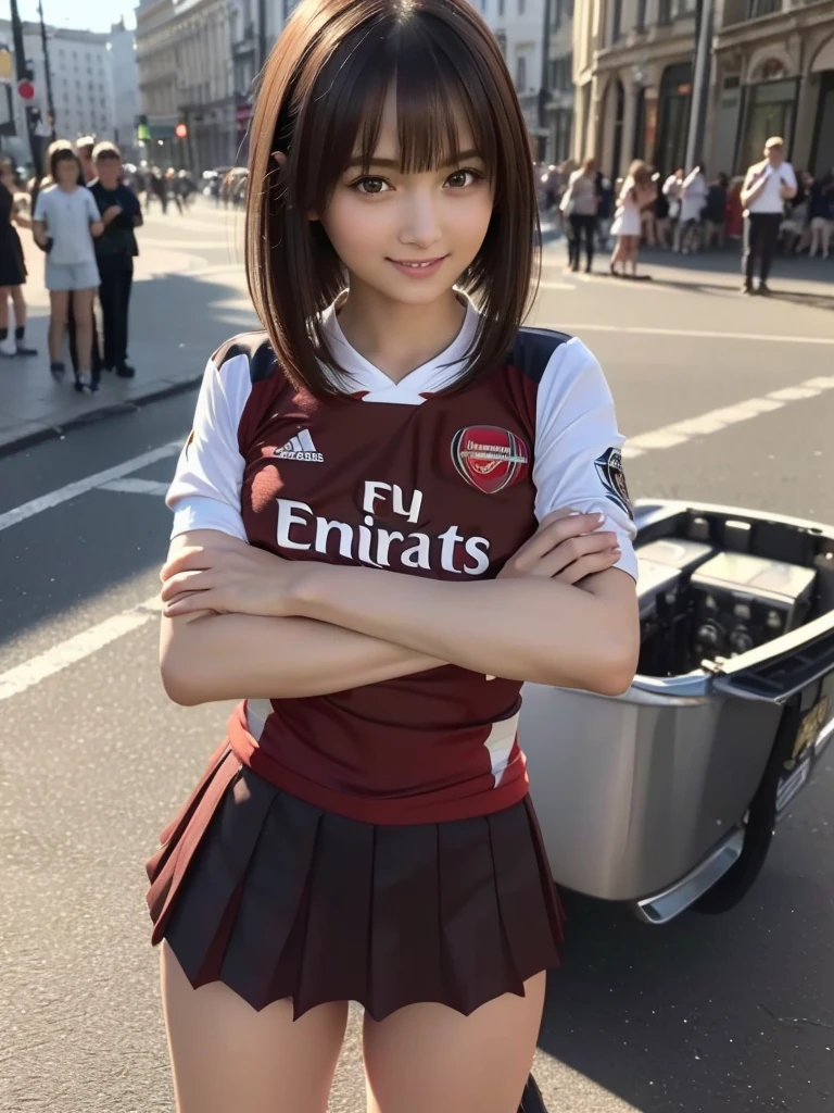 (8k, RAW Photos, highest quality, masterpiece:1.2), (Realistic, photo-Realistic:1.4), (Highly detailed 8k wallpaper), ((Full Body Shot)), (1 girl), Sharp focus, Depth of written boundary, Cinematic lighting, Soft Light, 緻密な美しさのeye, eye_Chan, Very beautiful girl, innocent big eyes, Realistic, photo Realistic, Highly detailed cute girl, (Thin thighs), (Model Body Type), (((Arsenal Soccer Jersey))), ((Micro Mini Pleated Skirt)), (((Fold your arms in front of your chest and act arrogantly))), ((A happy smile)), Parted lips, Watching the audience, (On the streets of Britain) , (Brown Hair),(Short Bob Hair), (Asymmetrical bangs)