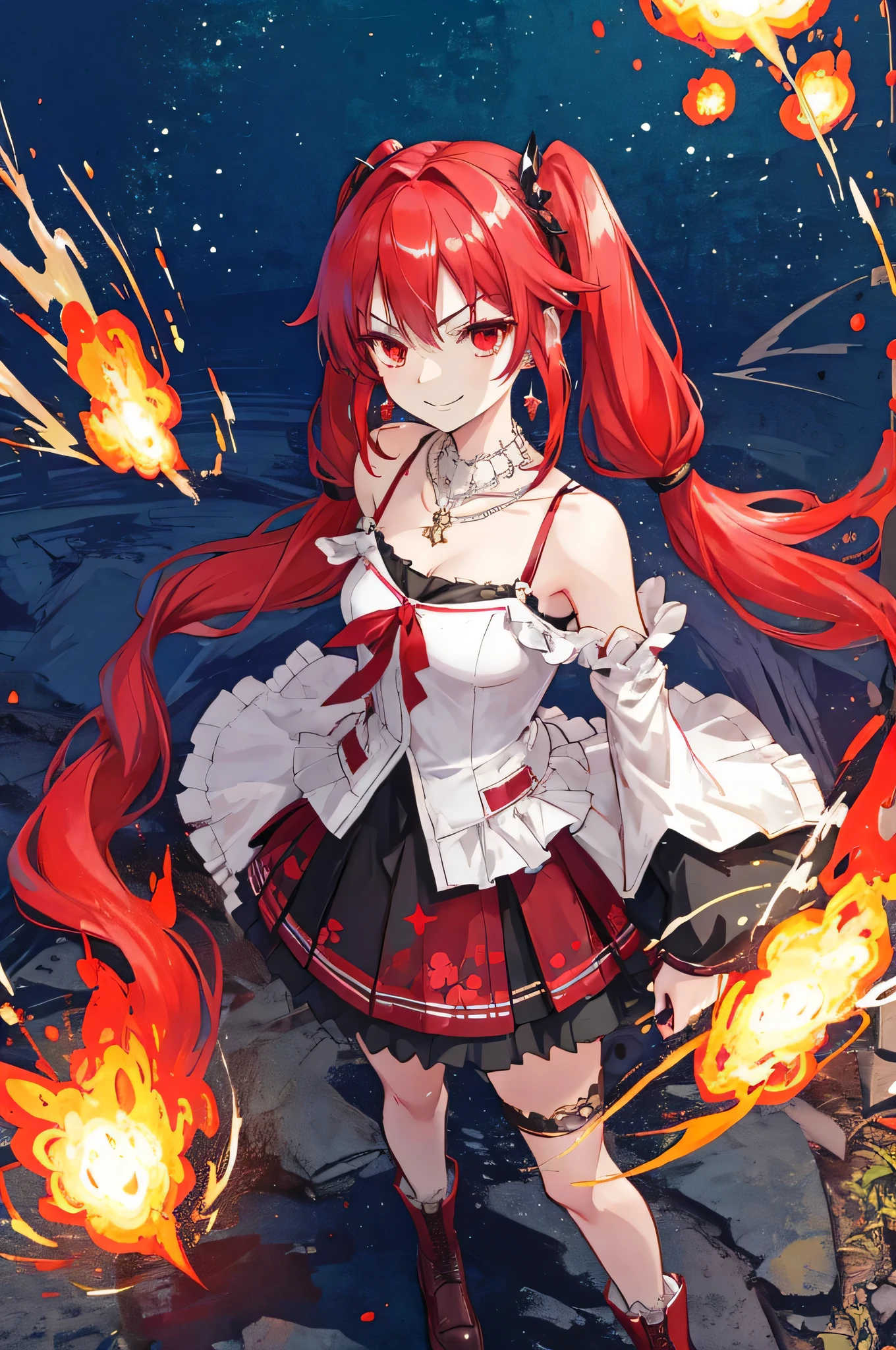 {{Eroge,Game CG,High quality game CG},{{{1girl in}}},{{masutepiece}}, {{{Best Quality}}}, {{Ultra-detailed}}, {{Illustration}},,{{magical little girl}},brooches,,,, {{disheveled hair}},,Big hair, Gradient Hair,Small breasts,,,Drill Hair, {pocket watch},absurdly long hair, Dreadlocks, Red hair, Red hair,Red hair,Gradient Hair,((Evil smile)), v shaped_eyebrows, zettai_ryouiki,,,, floral print and pleated skirt. Add accessories like fringed earrings or a statement necklace.、Complete the look. Gather on the grassland with adventurers,burning city background,((Shoulders and arms are exposed)),(Evil smile),Furious,(Evil smile),(loli girl),(loli girl),Jewel-like red eyes,(Arms Exposed),((high twintails)),twintails, girl,((full body)),angry,burning city,turn around to look at me,