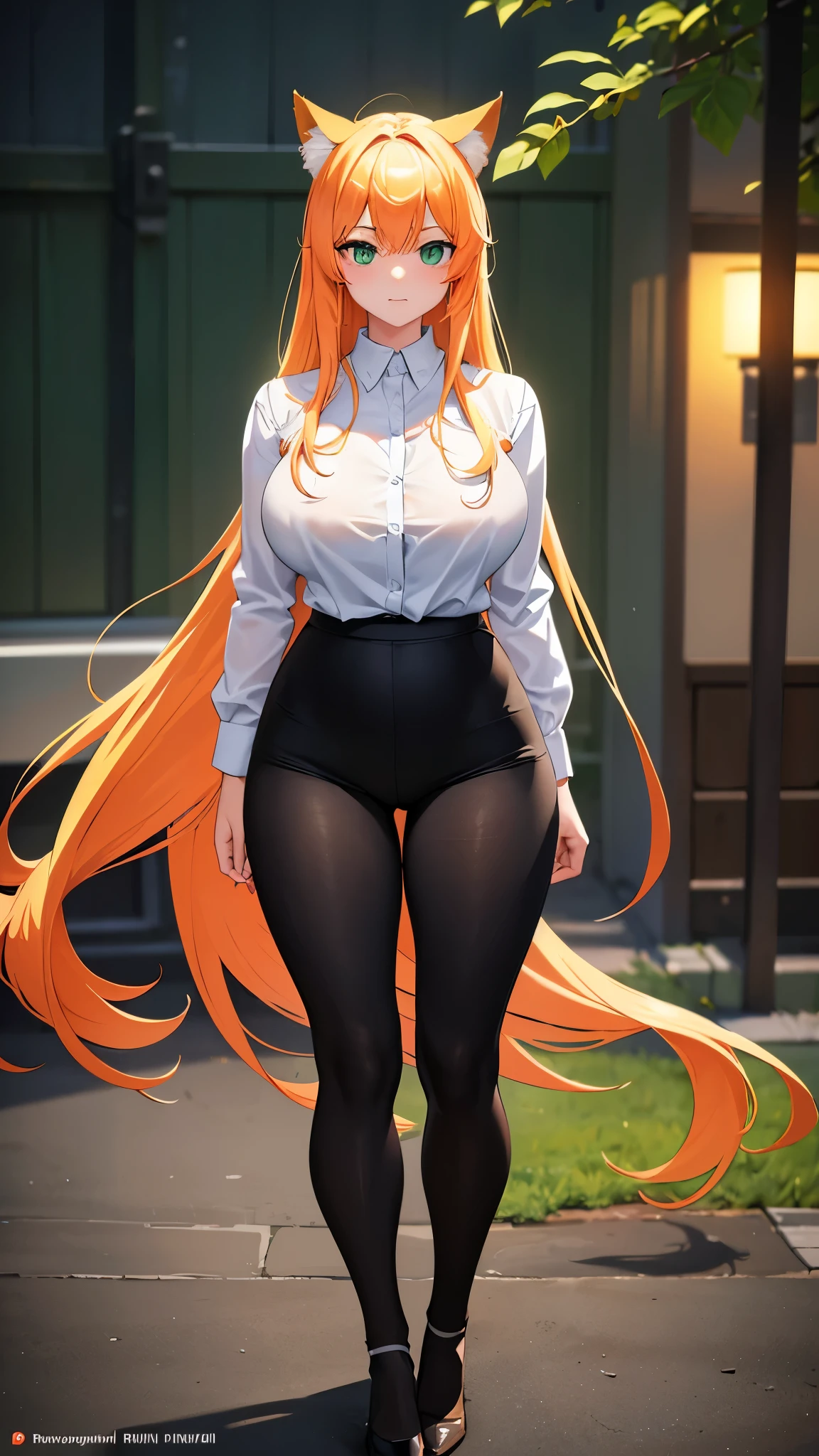 (masterpiece, Best quality), 8K, ultra detailed, realistic photo, Detailed face, perfect lighting, green eyes, bright orange hair, bright hair, fox ears, nice legs, side photo, beautiful, Cute, skin pores, 1 girl, perfect shirt, fully dressed, beautiful women 30 years old, Beautiful proportions, Russian woman, Caucasian, European, Business lady, stunningly beautiful woman, mother, thick legs, show ass, big breasts, (Thin white shirt:1.4), thick, hot, (White Office Wear:1.4), tight pants, (wide hips:1.2), thick, (white Office pants:1.3), spread your legs, Legs open, full length, wide hips, Glasses, with long orange hair, standing on the beach near the ocean, green eyes detailed digital anime art, cat ear, anime girl with long hair, гладкое аниме cg art, anime girl with long hair, digital anime art, work in Guweiz style, Beautiful anime portrait, Photorealistic render of an anime girl, pantyhose, Beautiful anime girl, advanced digital anime art, guweiz на artstation pixiv HD UHD HQ