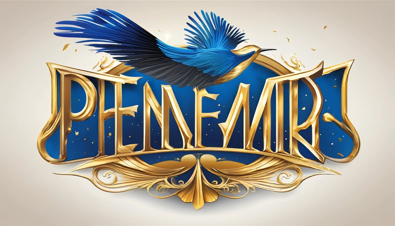 Create a flat vector, illustrative-style wordmark logo design for a storytelling and musical brand named 'Penamemoria'. The 'M' in 'Penamemoria' is transformed into a stylized feather, suggesting the brand's inspiration from fantasy birds. Use shades of blue and gold, evoking the imaginary and golden memories against a white background. Do not show any realistic photo detail shading. Include a boy playing acoustic guitar