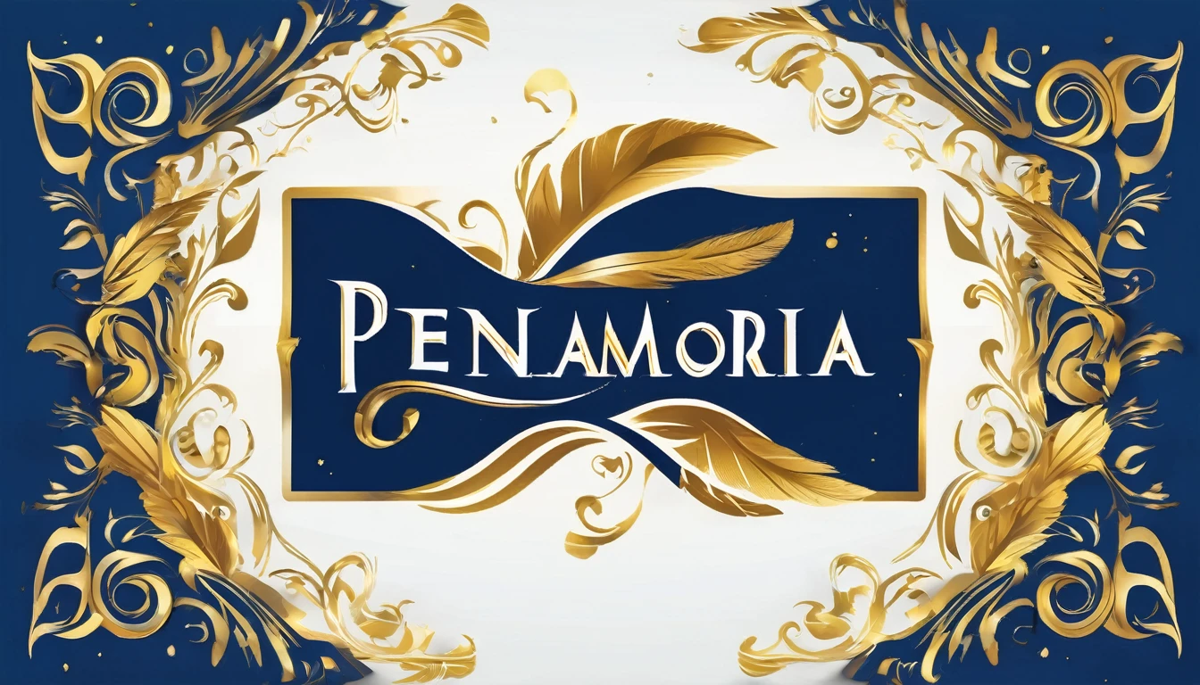 Create a flat vector, illustrative-style wordmark logo design for a storytelling and musical brand named 'Penamemoria'. The 'M' in 'Penamemoria' is transformed into a stylized feather, suggesting the brand's inspiration from fantasy birds. Use shades of blue and gold, evoking the imaginary and golden memories against a white background. Do not show any realistic photo detail shading. Include a boy playing acoustic guitar