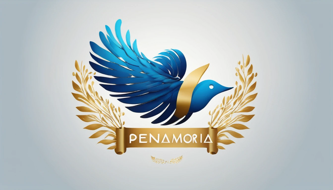 Create a flat vector, illustrative-style wordmark logo design for a storytelling and musical brand named 'Penamemoria'. The 'M' in 'Penamemoria' is transformed into a stylized feather, suggesting the brand's inspiration from fantasy birds. Use shades of blue and gold, evoking the imaginary and golden memories against a white background. Do not show any realistic photo detail shading. Include a boy playing acoustic guitar