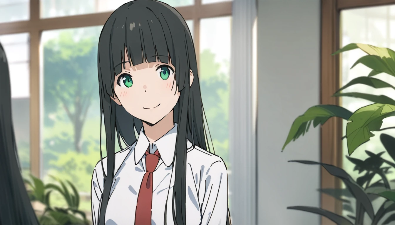 Everyone Makoto,One girl, alone, tie, Green Eyes, Black Hair, Long Hair, shirt, smile, bangs, View Viewer, white shirt, , blunt bangs, Upper Body, red tie, Blurred, collared shirt, Blurred background, indoor, Mouth closed, plant, Side Lock, Straight hair,
masterpiece, highest quality,New,
