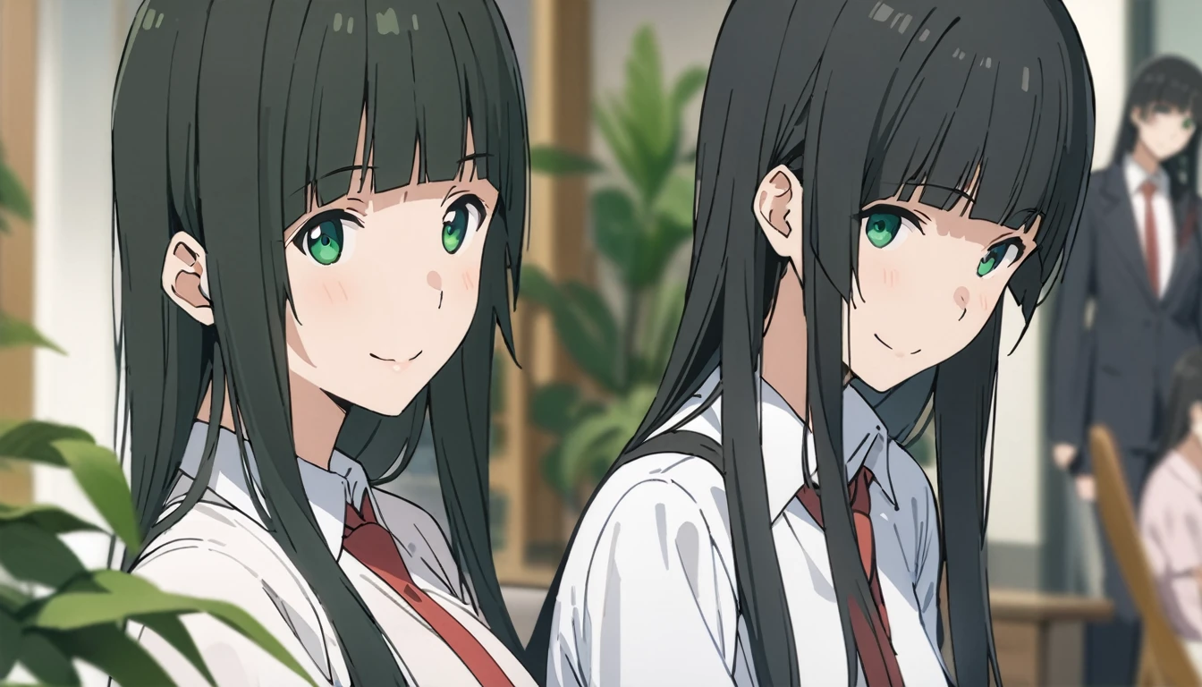 Everyone Makoto,One girl, alone, tie, Green Eyes, Black Hair, Long Hair, shirt, smile, bangs, View Viewer, white shirt, , blunt bangs, Upper Body, red tie, Blurred, collared shirt, Blurred background, indoor, Mouth closed, plant, Side Lock, Straight hair,
masterpiece, highest quality,New,
