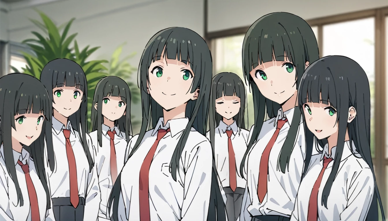 Everyone Makoto,One girl, alone, tie, Green Eyes, Black Hair, Long Hair, shirt, smile, bangs, View Viewer, white shirt, , blunt bangs, Upper Body, red tie, Blurred, collared shirt, Blurred background, indoor, Mouth closed, plant, Side Lock, Straight hair,
masterpiece, highest quality,New,
