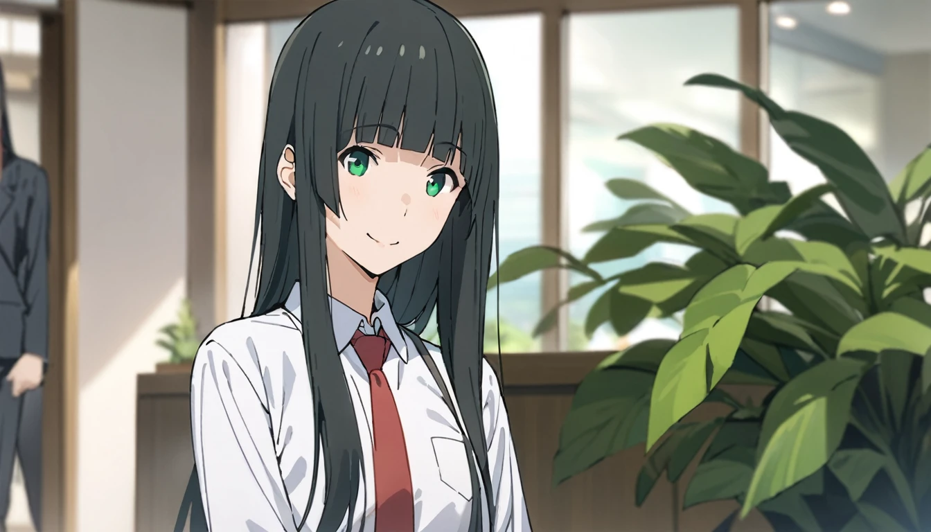 Everyone Makoto,One girl, alone, tie, Green Eyes, Black Hair, Long Hair, shirt, smile, bangs, View Viewer, white shirt, , blunt bangs, Upper Body, red tie, Blurred, collared shirt, Blurred background, indoor, Mouth closed, plant, Side Lock, Straight hair,
masterpiece, highest quality,New,
