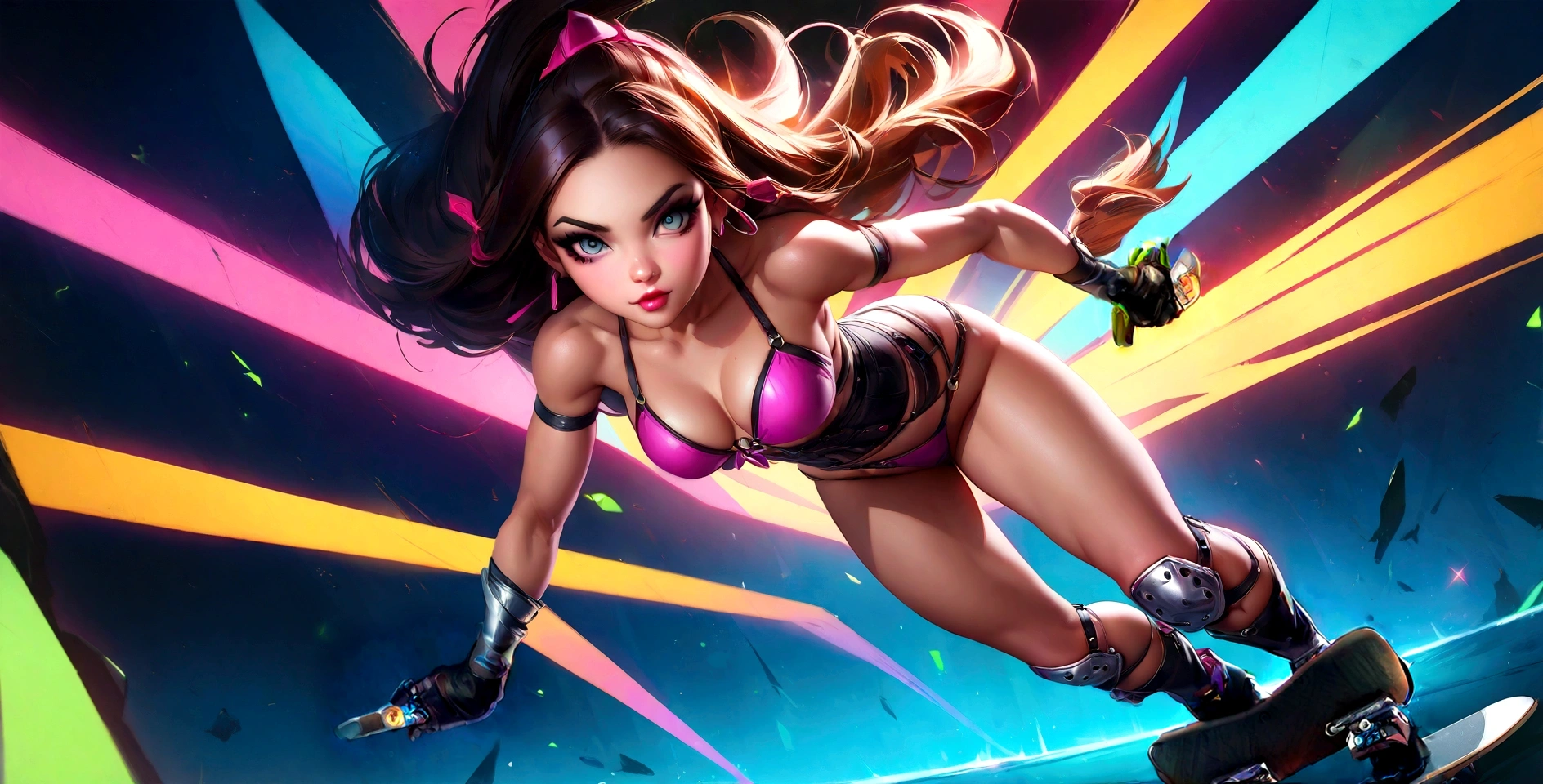 arafed girl in a bikini top and knee pads riding a skateboard, extremely detailed artgerm, artgerm style, artgerm 4 k, ig model | artgerm, style ivan talavera and artgerm, ilya kuvshinov and artgerm, artgerm and ilya kuvshinov