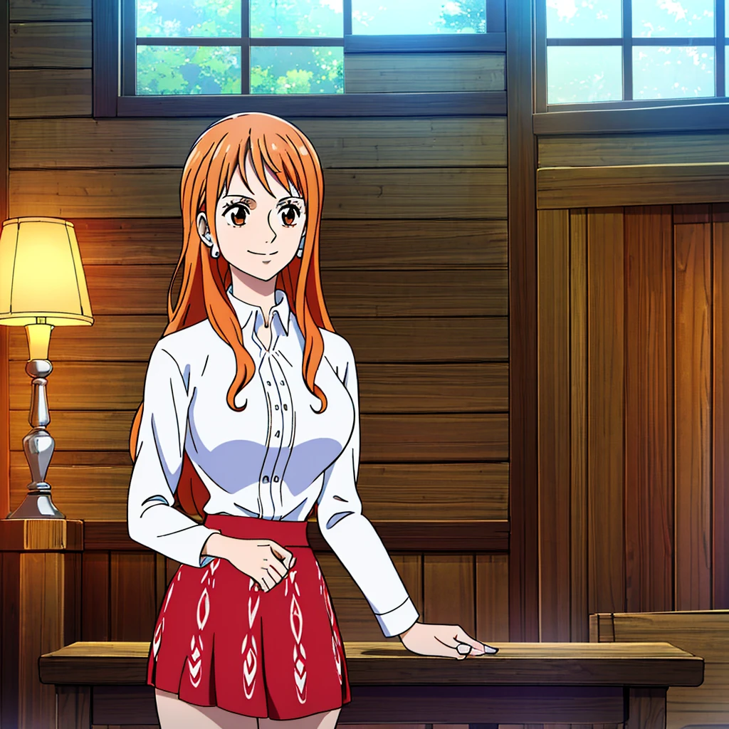 masterpiece, ((ultra detailed background, delicate pattern, intricate detail)), (highly detailed, fine details), best quality, beautiful lighting, ((medium breasts, slim girl)), NamiFinal, ((white shirt, red skirt)), simple shirt, 1girl, orange hair, solo, long hair, jewelry, brown eyes, smile, earrings, covered shoulders, (complex detailed background, inside, room environment, wooden walls, window, light rays), (cowboy shot), 