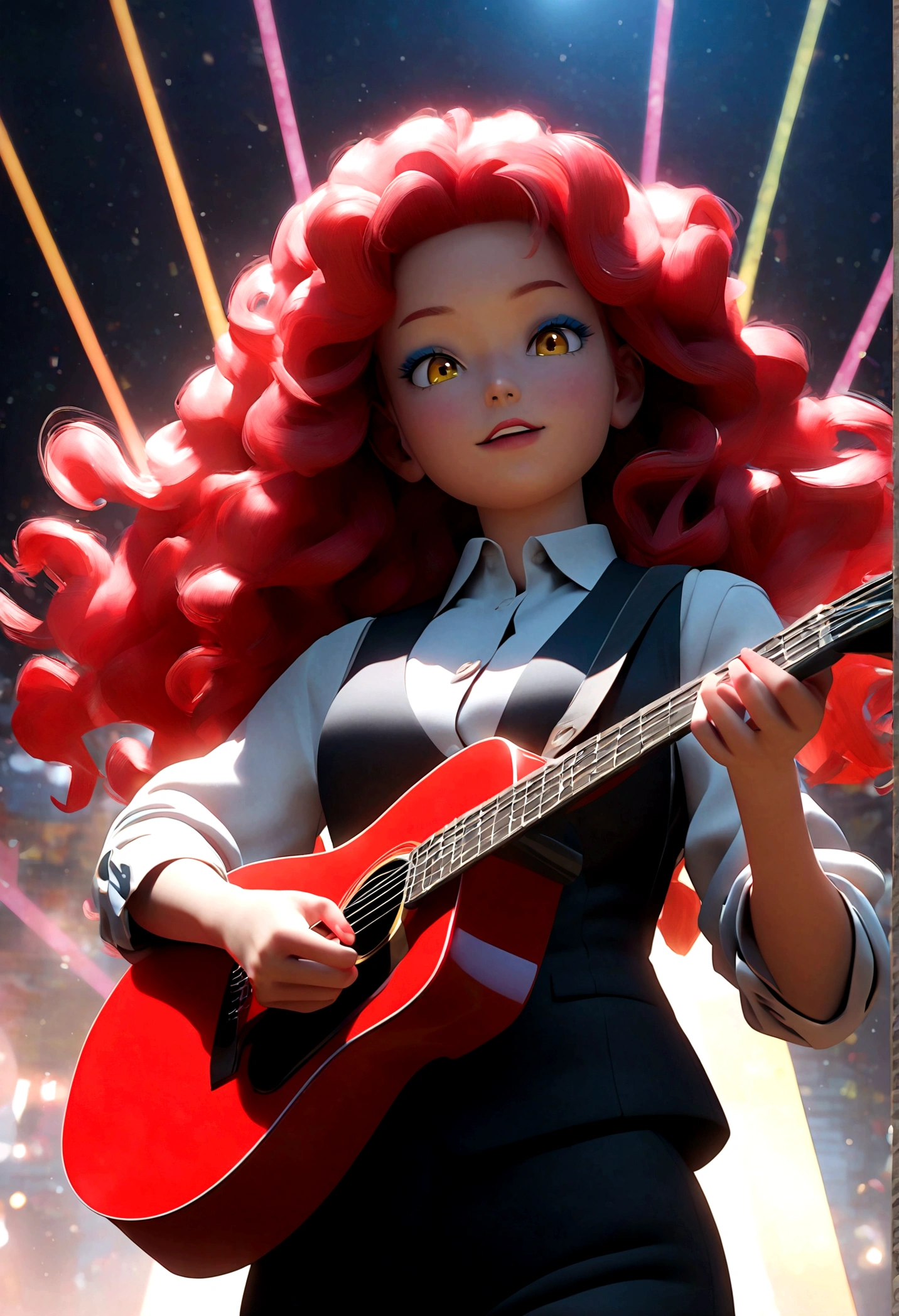Pixar-style 3D animation, animate, real, 1 girl,30 years old,medium hair,((perm)),wavy hair,red hair,forehead,Voluminous curly hair,Light blue eyeshadow,red eyebrows,yellow eyes,tsurime,narrow eyes,half opend eyes,red lips,Confident expression,light smile,calm,black vest,white shirt,collared shirt,Unbutton the top button of shirt,black pants, BREAK standing,singing,play the red guitar,stage,The background features bold,colorful lettering and stage lights,capturing a lively,energetic performance