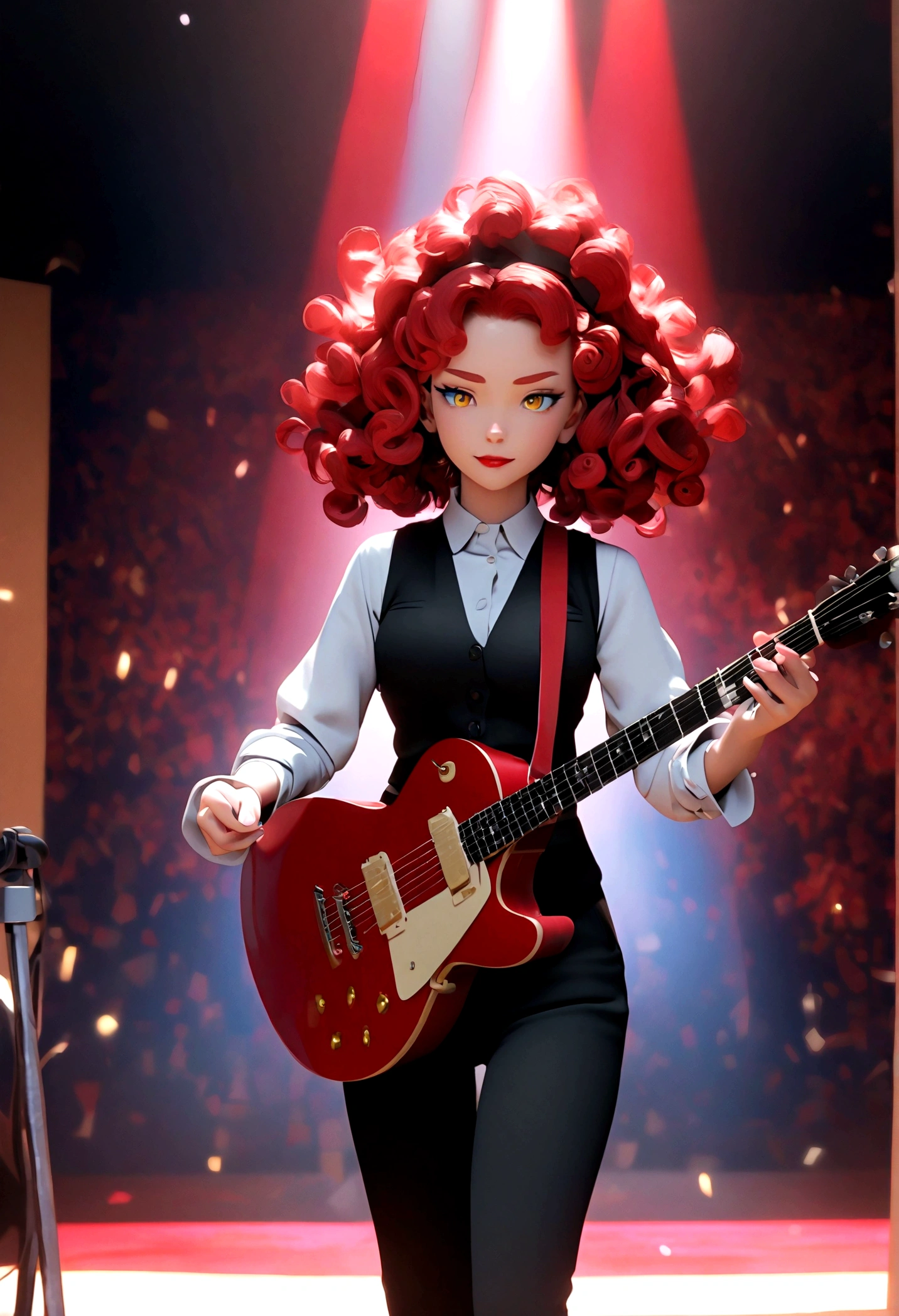 Pixar-style 3D animation, animate, real, 1 girl,30 years old,medium hair,((perm)),wavy hair,red hair,forehead,Voluminous curly hair,Light blue eyeshadow,red eyebrows,yellow eyes,tsurime,narrow eyes,half opend eyes,red lips,Confident expression,light smile,calm,black vest,white shirt,collared shirt,Unbutton the top button of shirt,black pants, BREAK standing,singing,play the red guitar,stage,The background features bold,colorful lettering and stage lights,capturing a lively,energetic performance